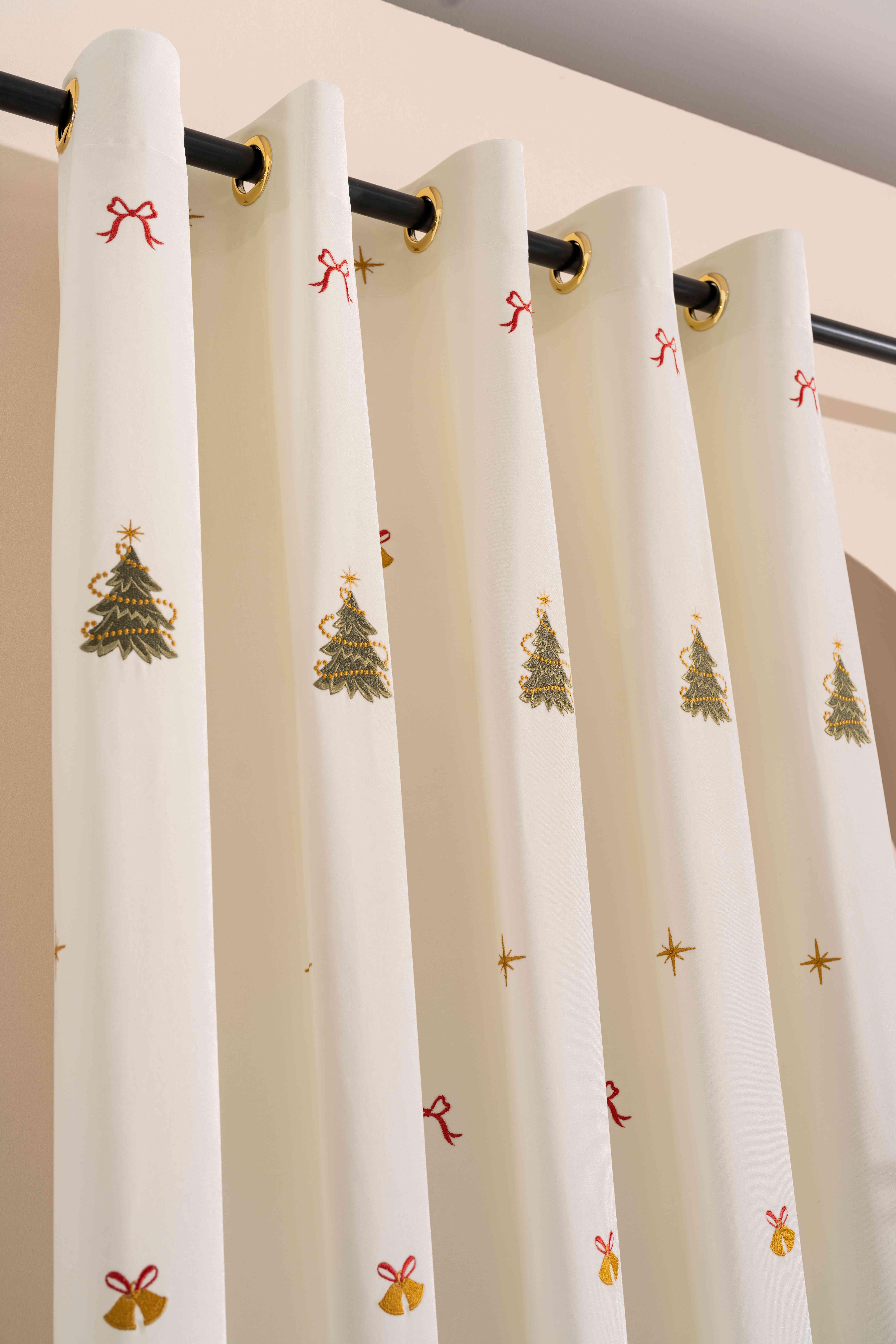 Christmas Curtain Scandinavian Embroidered Tree Drapery, Minimalist Holiday Festive Winter Decor, Xmas Window Panels-Penohomedecor