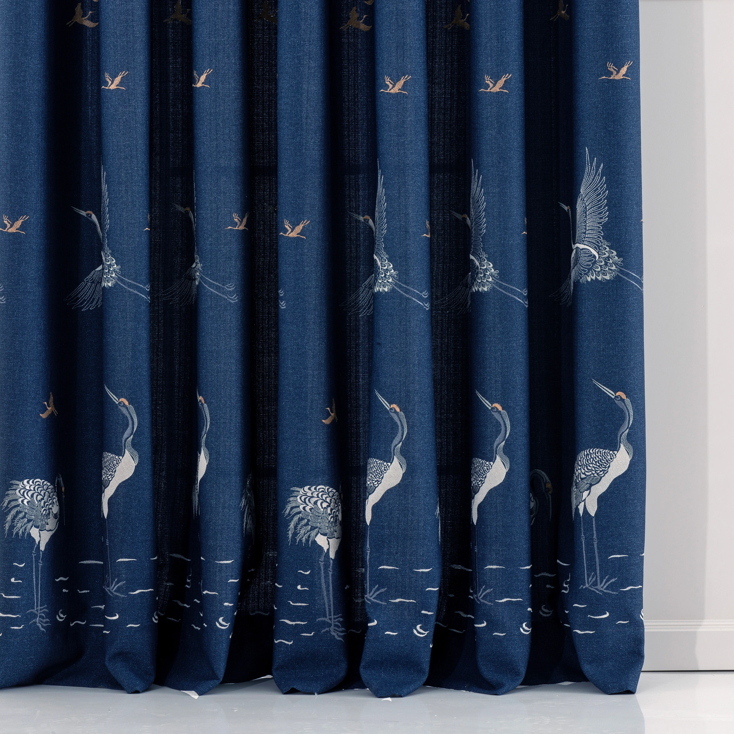 Blue Linen Curtains with Crane Embroidery – Custom Bird Drapes in 5 Colors, Handmade Curtain Panels for Living Room & Bedroom - 01.
