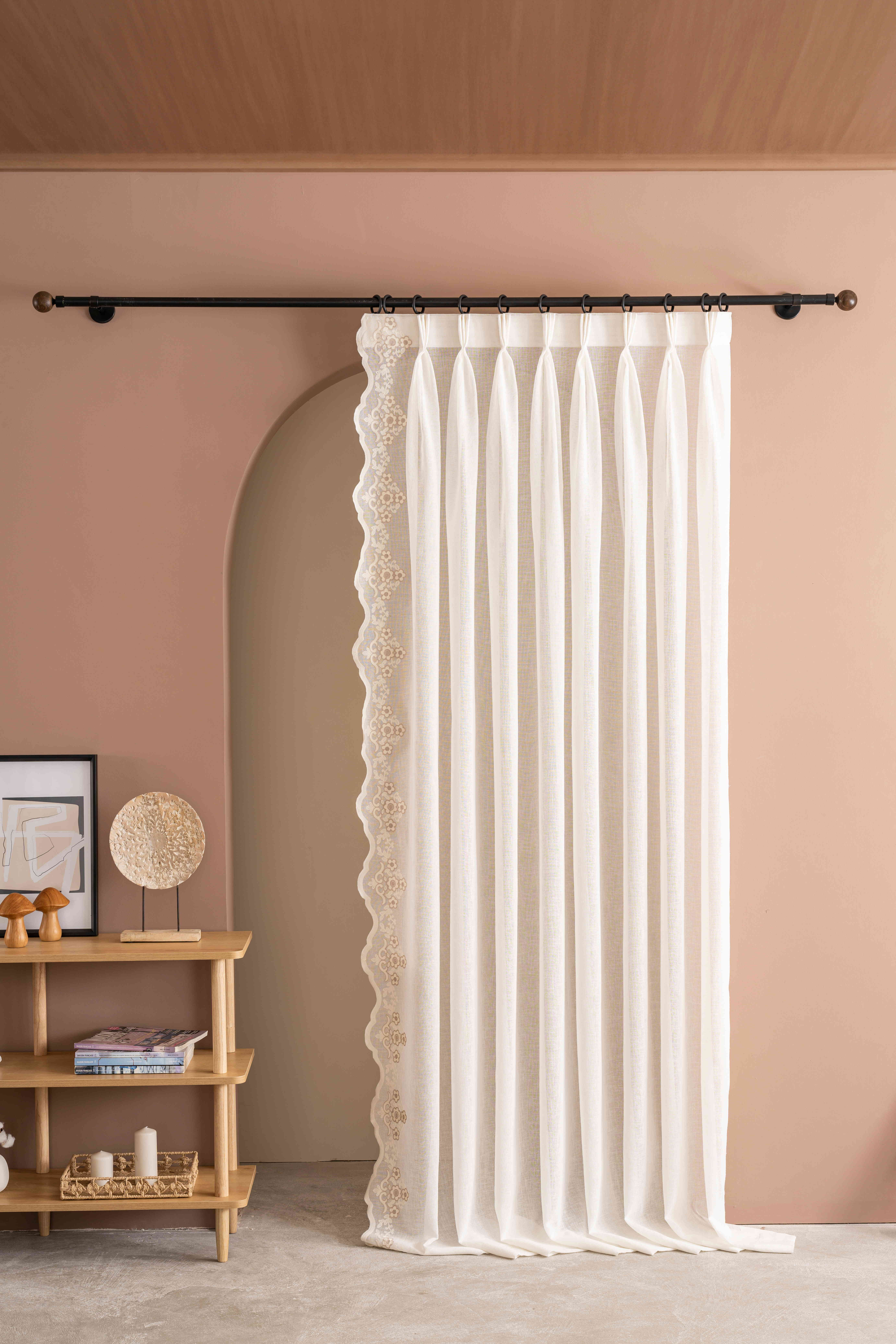 Double Pinch Pleated Floral Natural Luxury Curtains Hand Made Linen Boho Design 3 Colours Extra Long Custom Minimalist Curtain for Living Room And Cafe Curtains.