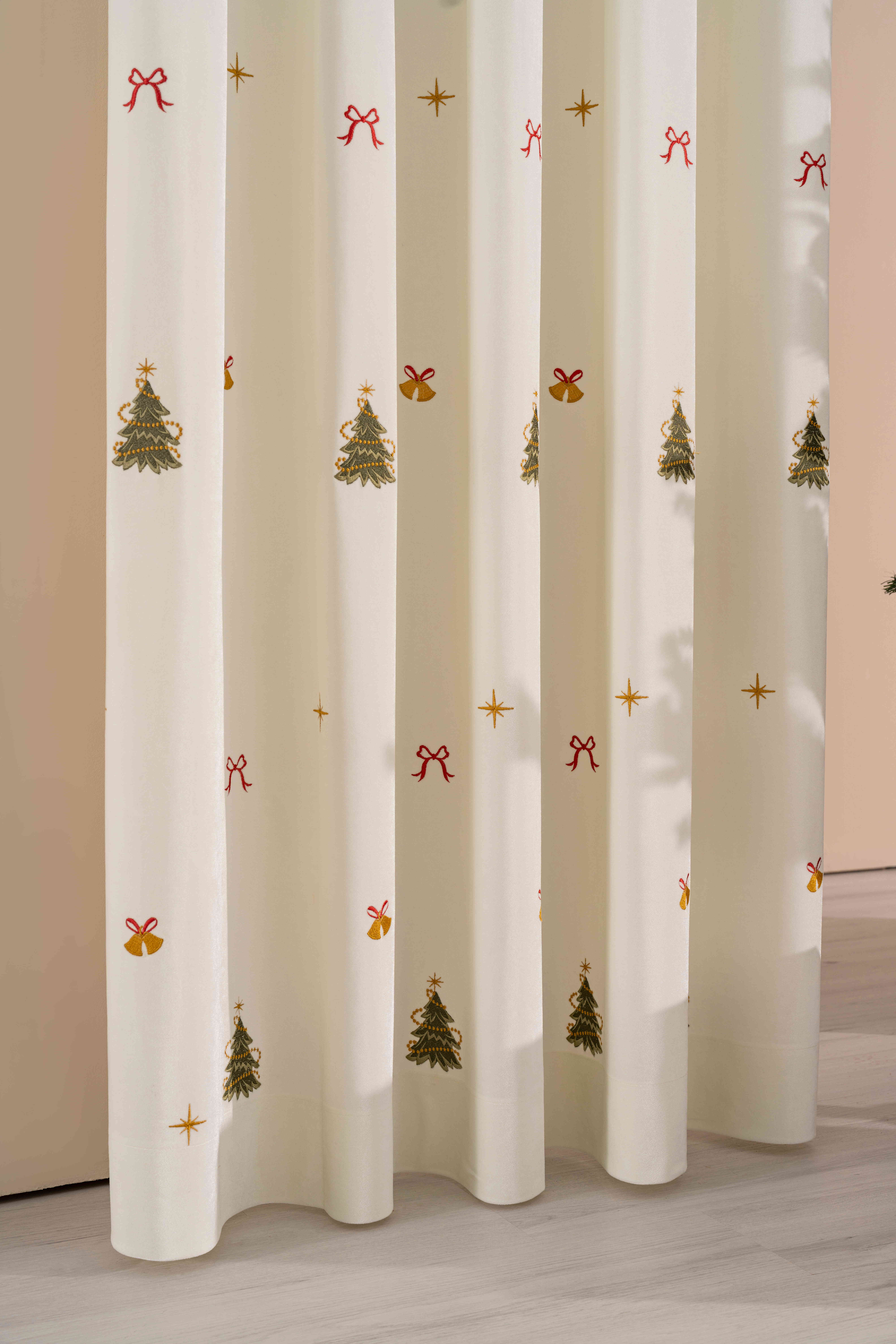 Christmas Curtain Scandinavian Embroidered Tree Drapery, Minimalist Holiday Festive Winter Decor, Xmas Window Panels-Penohomedecor