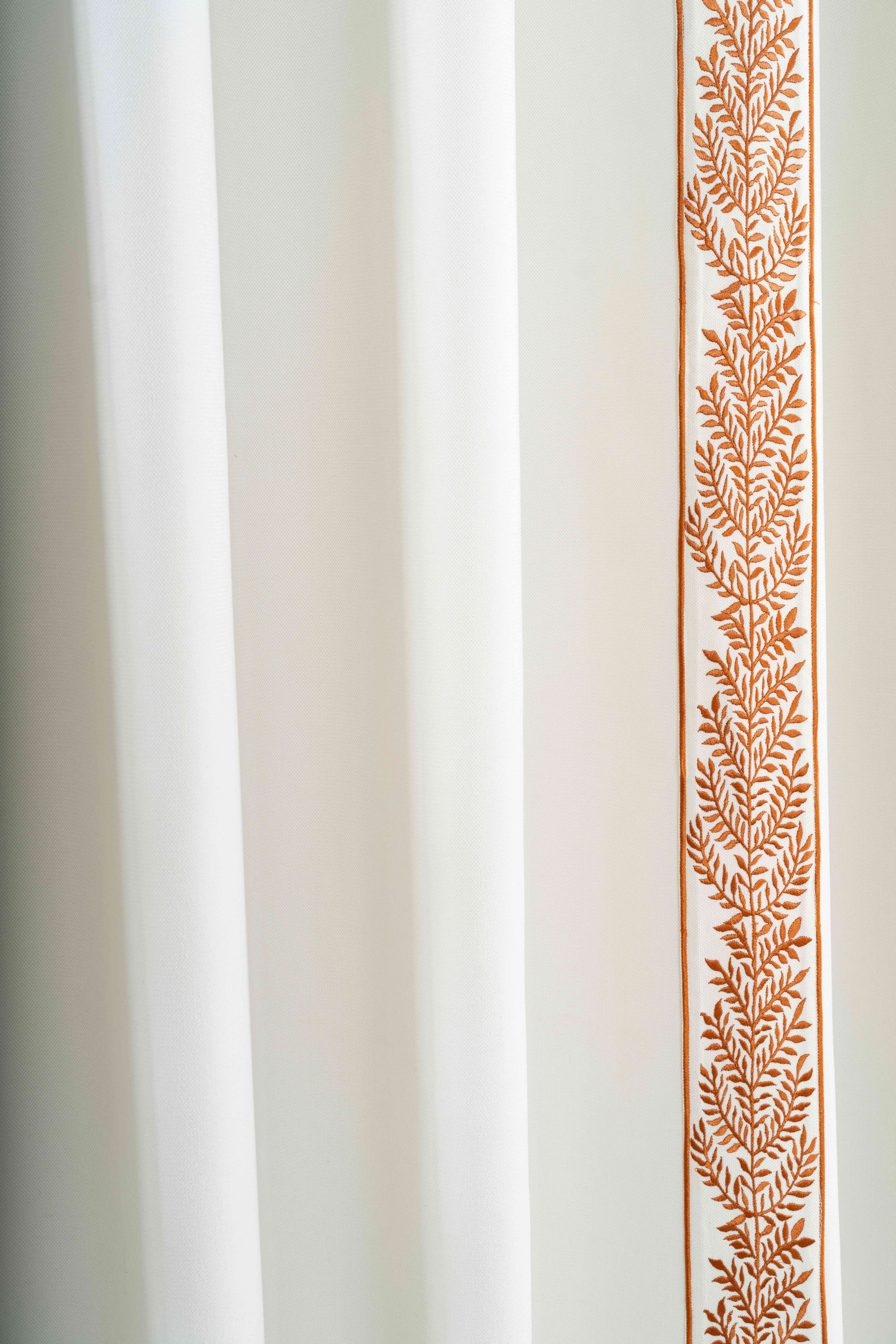 Border Embroidered Linen Curtains – Grommet Top Custom Drapery Panels | Luxury Linen Window Treatments for Living Room & Bedroom