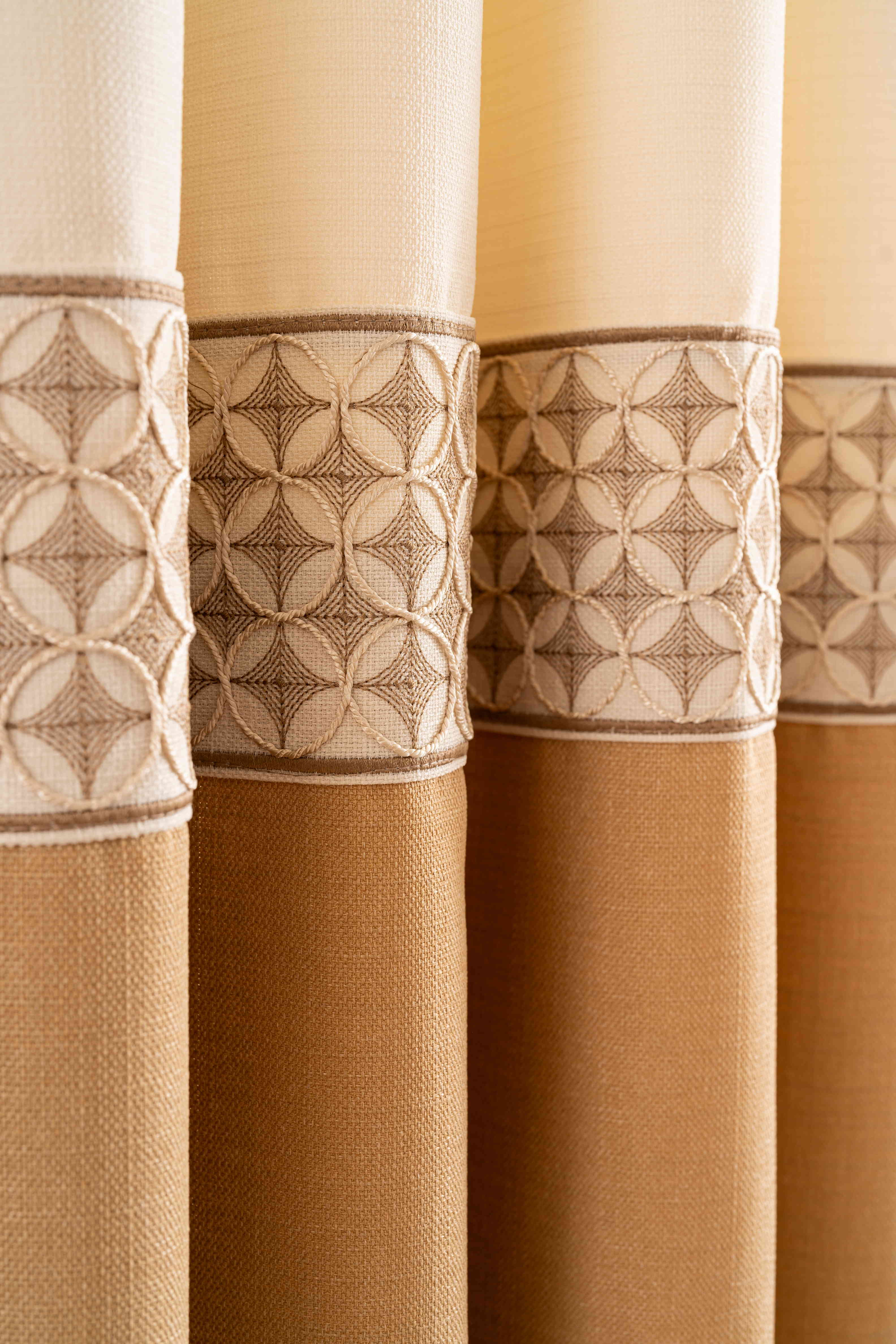 Color Block Desing Trim Cream Linen Curtain Custom Made For Living Room And Bed Room. Grommet, Hook And Ring, Back Tab Options.