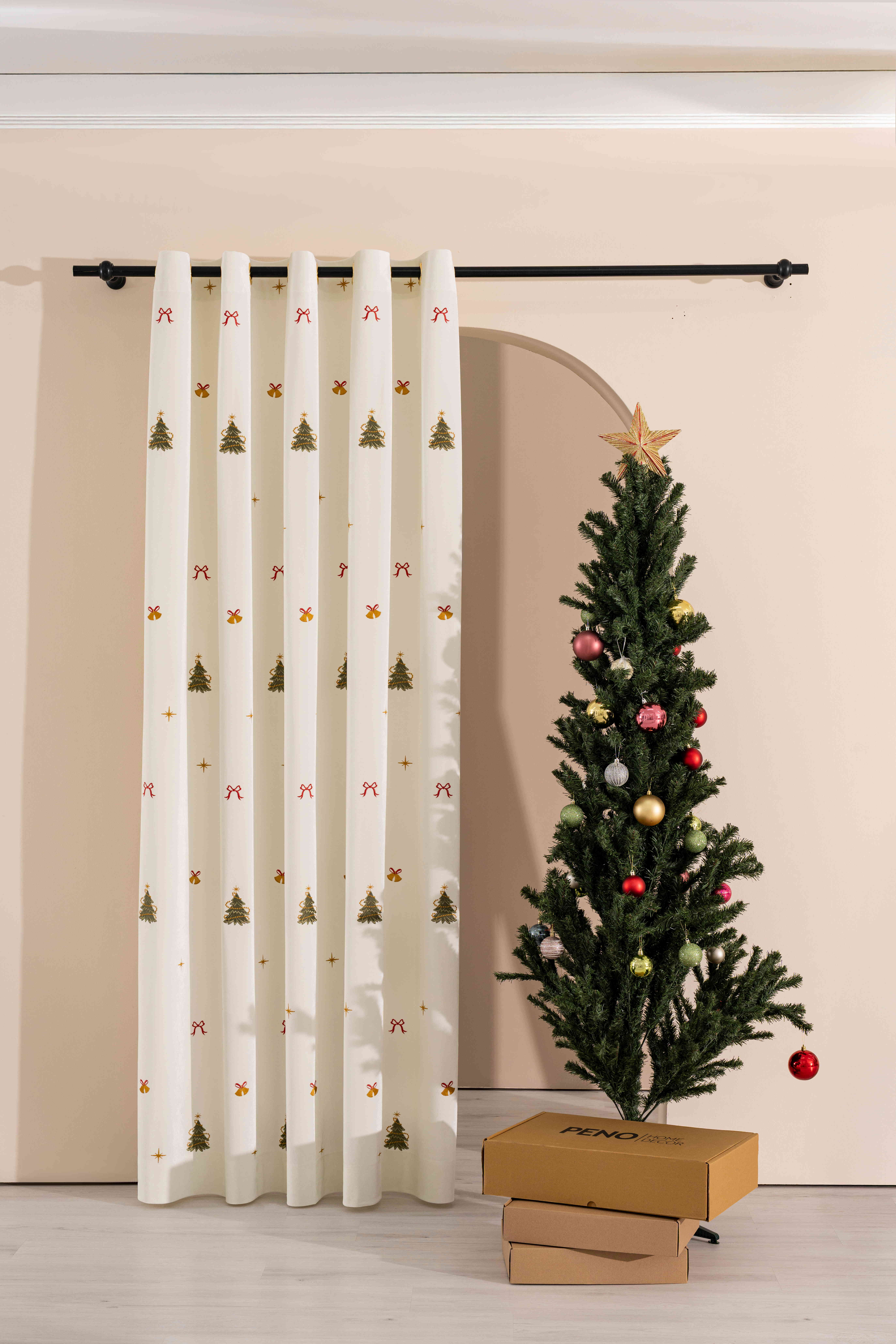 Christmas Curtain Scandinavian Embroidered Tree Drapery, Minimalist Holiday Festive Winter Decor, Xmas Window Panels-Penohomedecor