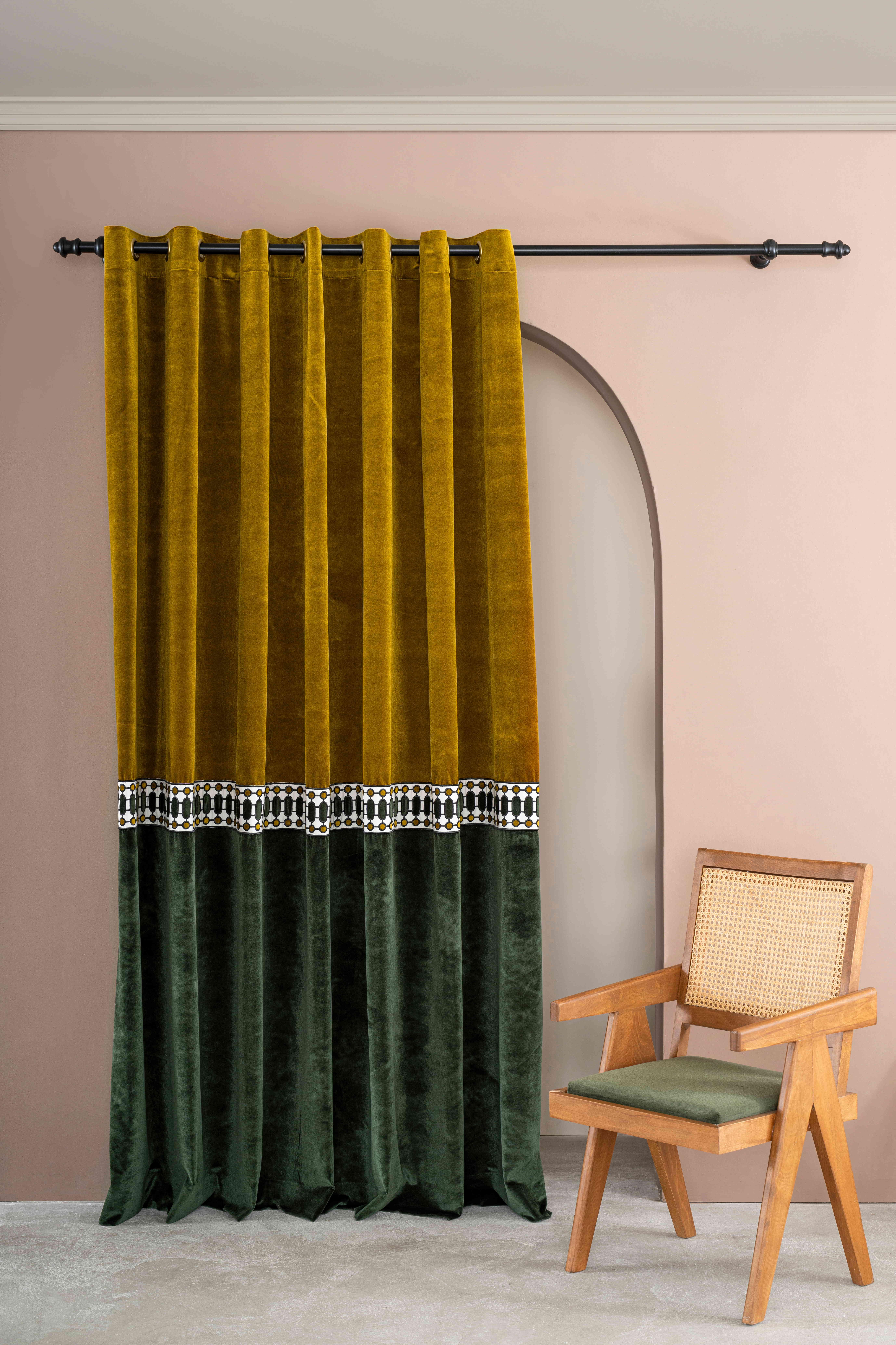 Two-Tone Luxury Velvet Curtains with Embroidered Border – Custom Made Designer Drapes for Modern Living Room & Bedroom