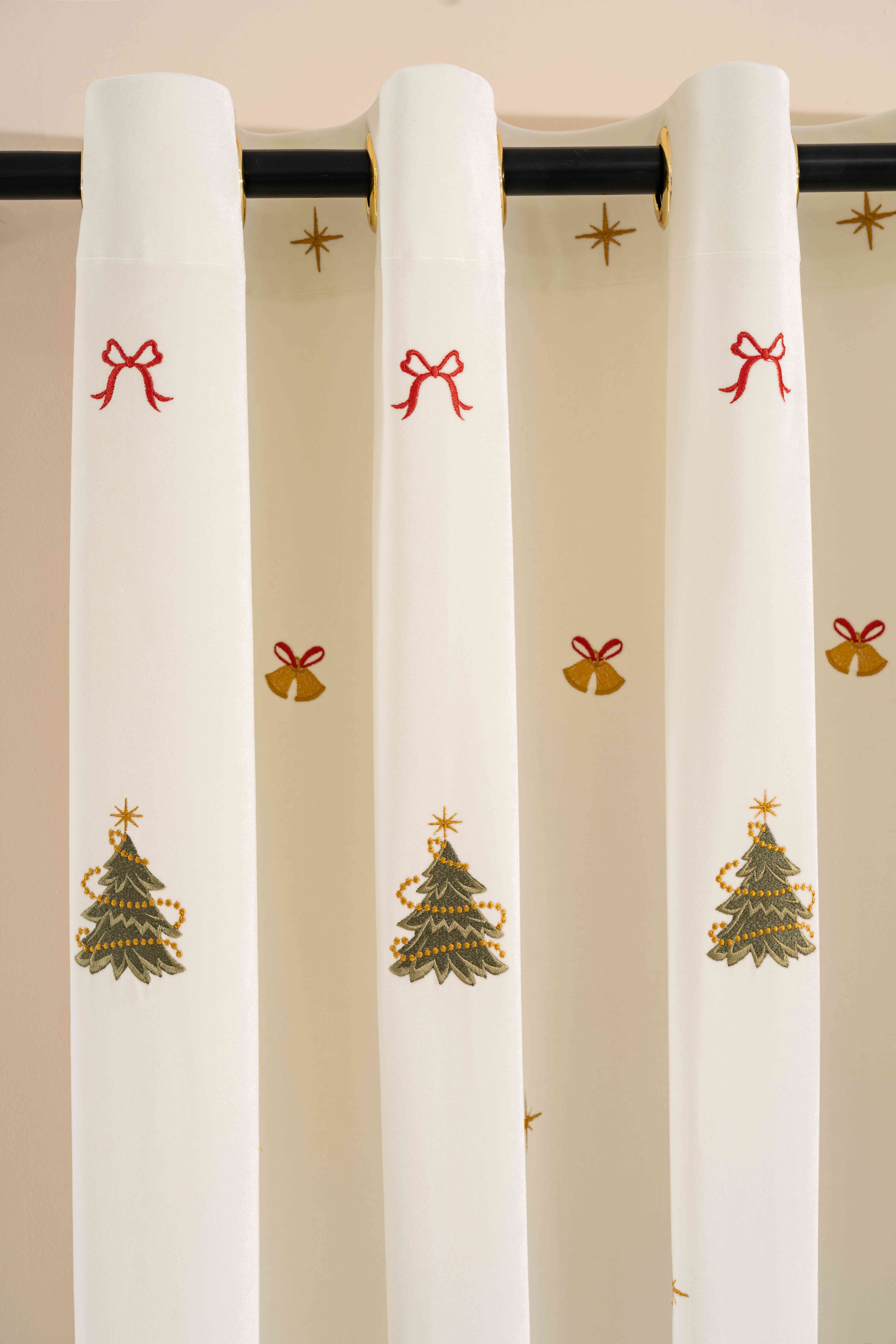 Christmas Curtain Scandinavian Embroidered Tree Drapery, Minimalist Holiday Festive Winter Decor, Xmas Window Panels-Penohomedecor