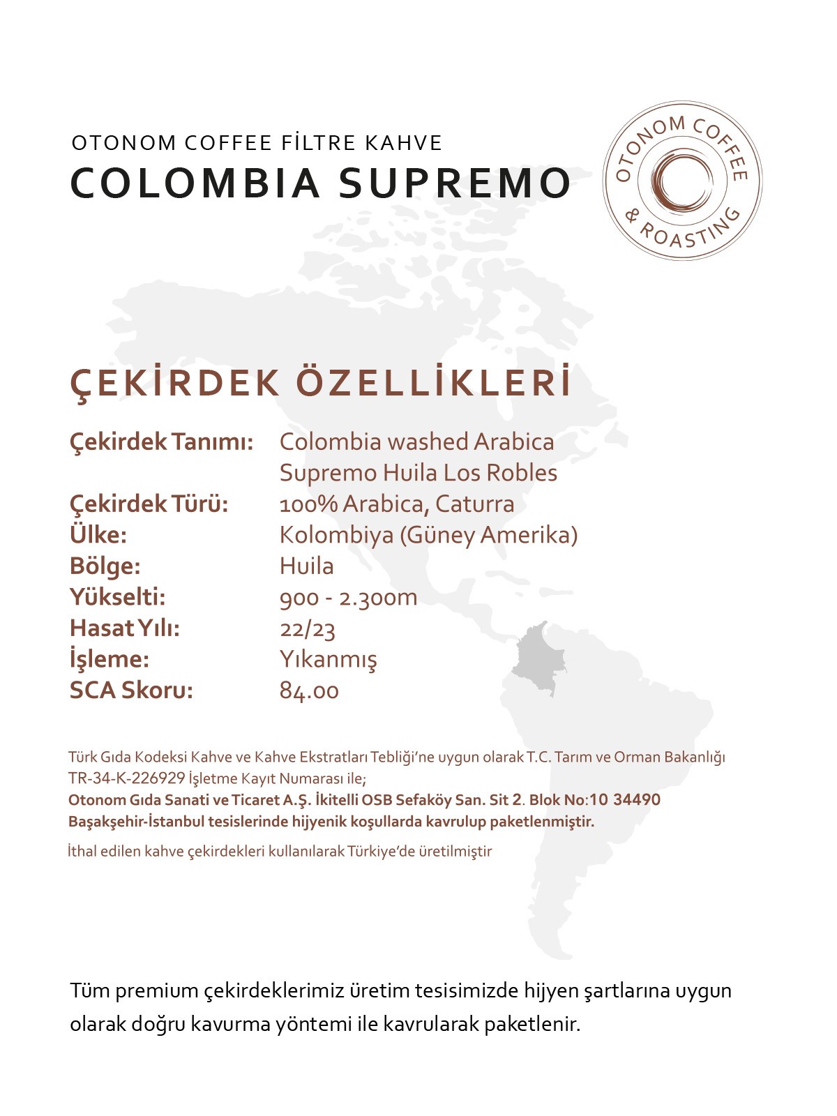 Kolombiya Supremo Filtre Kahve 1 kg Çekirdek