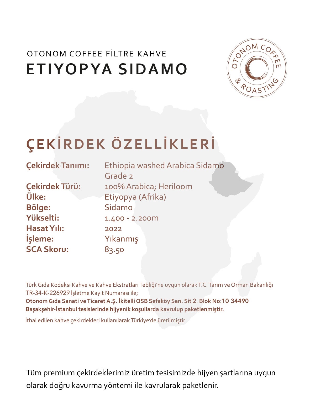 Etiyopya Sidamo Filtre Kahve 1 kg Çekirdek