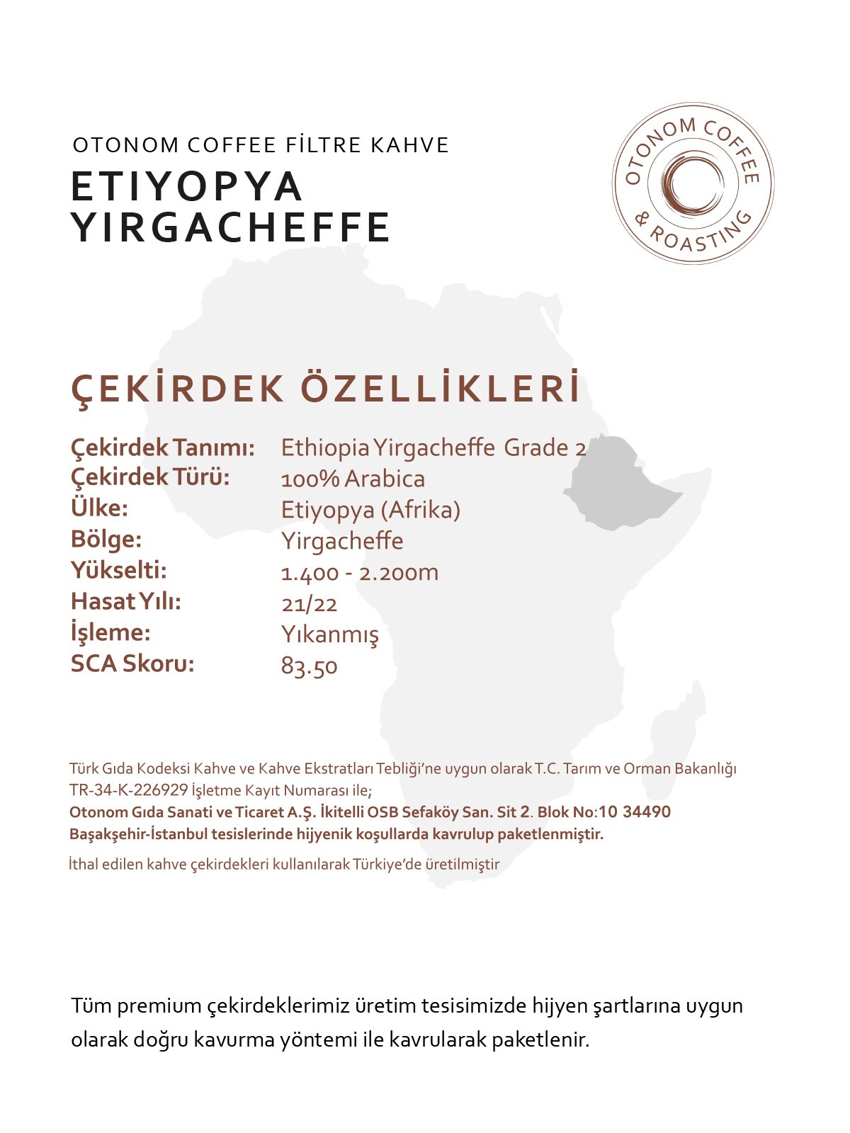 Etiyopya Yirgacheffe Filtre Kahve 1 kg Çekirdek