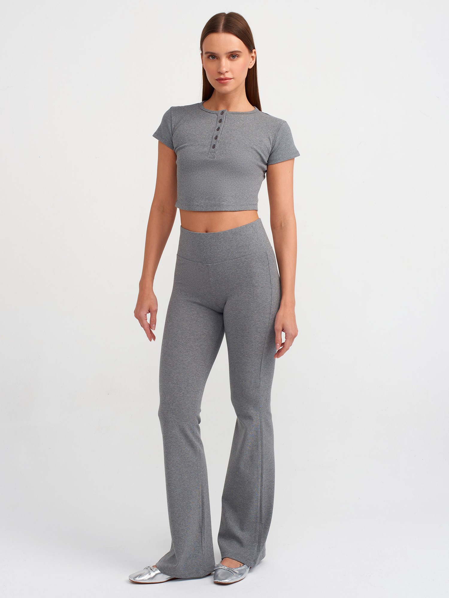 Ribbed Waist Flared Trousers