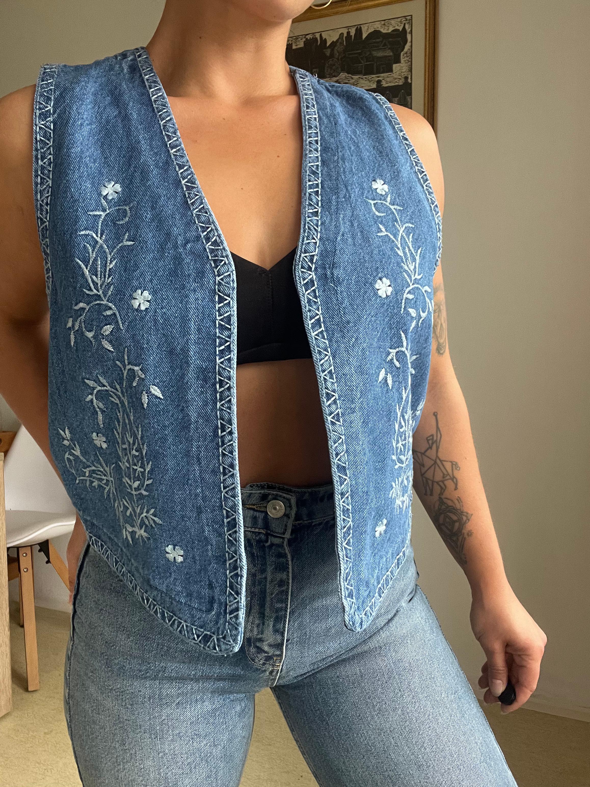 Embroidered denim vest