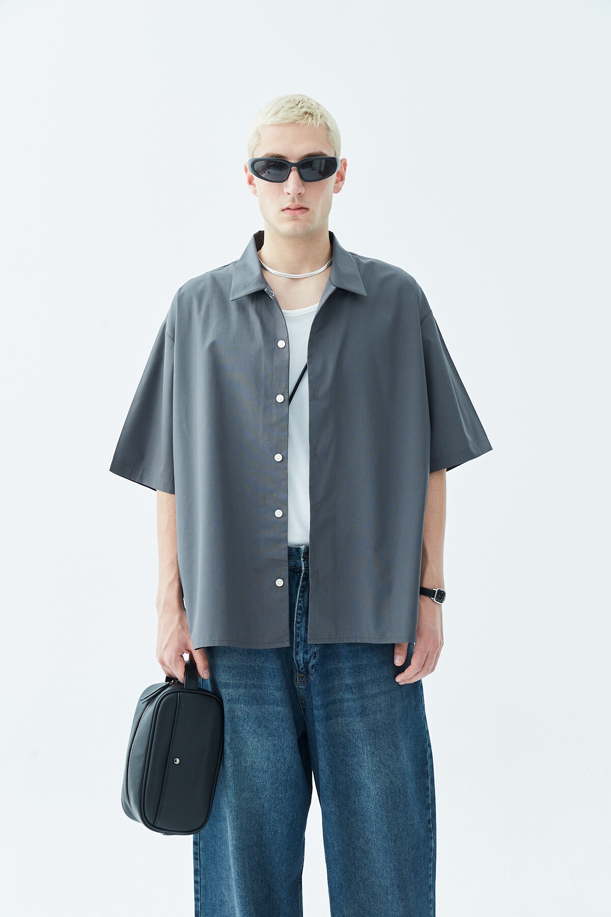 Basic Oversize Crop Shirt - Anthracite