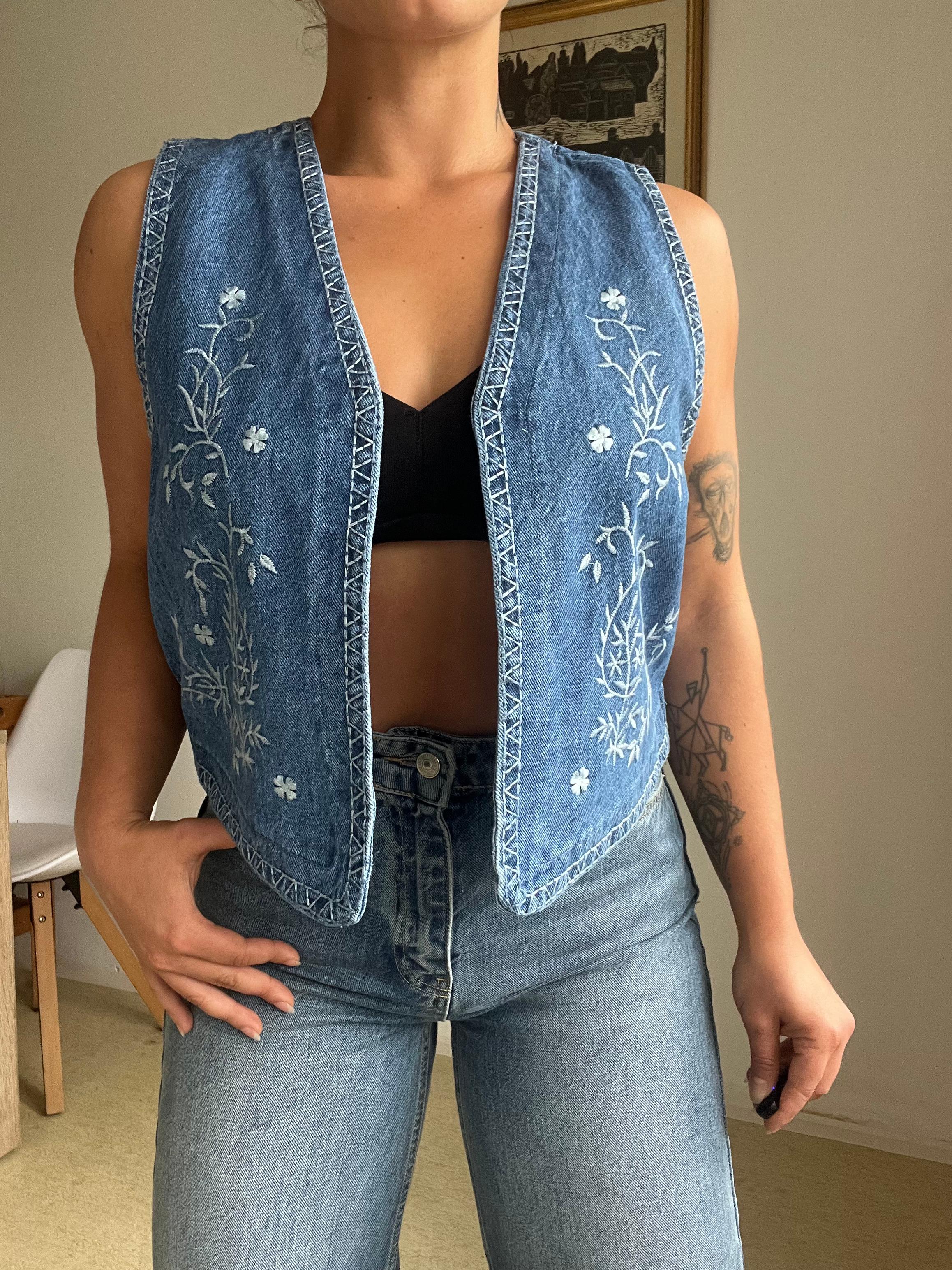 Embroidered denim vest - denim