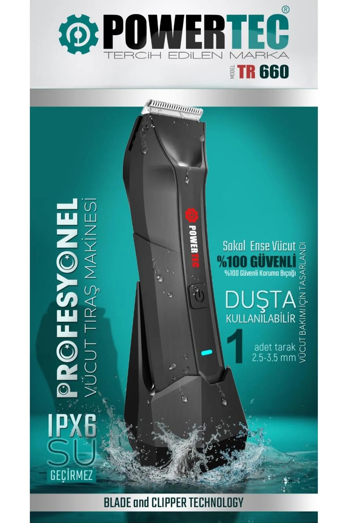 Powertec TR-660 Islak Kuru Vücut Tıraş Makinesi IPX6 Sertifikalı