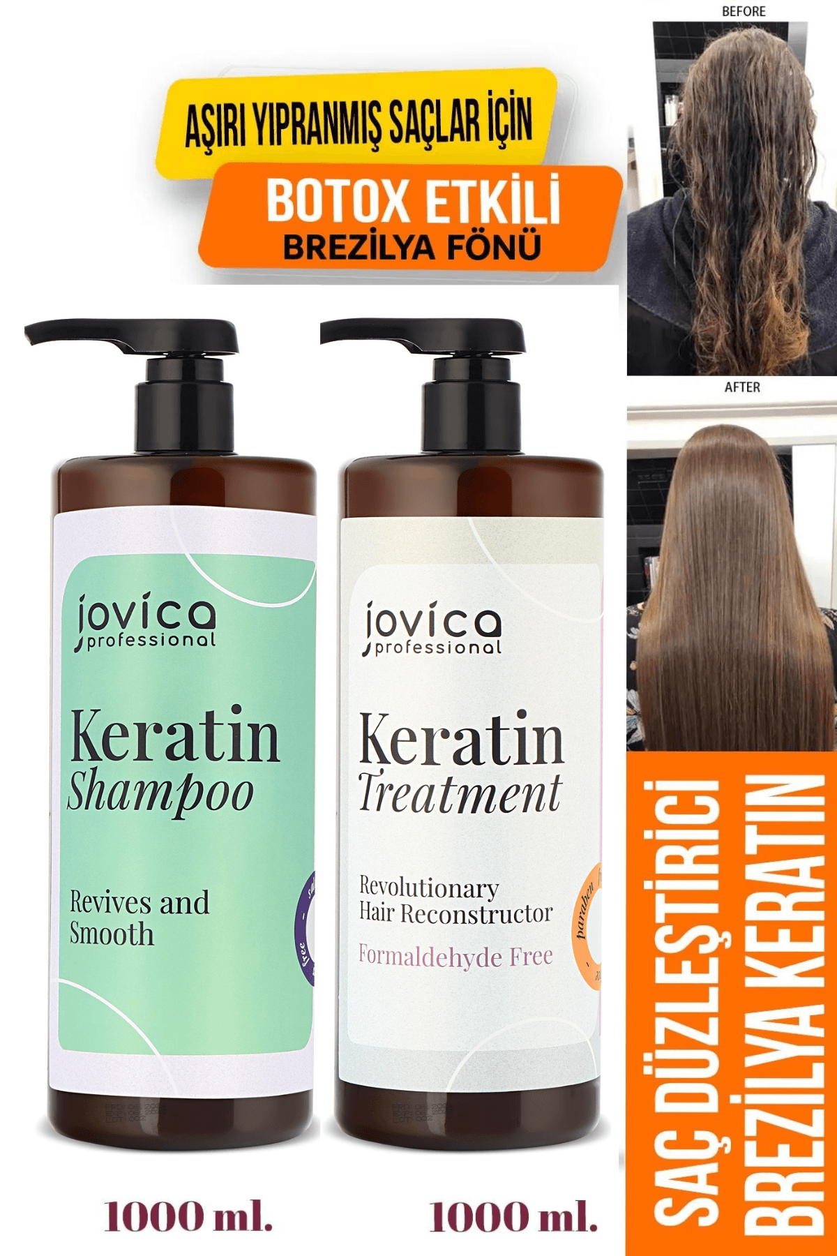 Jovica 2'li Keratin Seti Saç Düzleştirici Brezilya Fönü Keratini ve Şampuanı 1000ml Formaldehitsiz