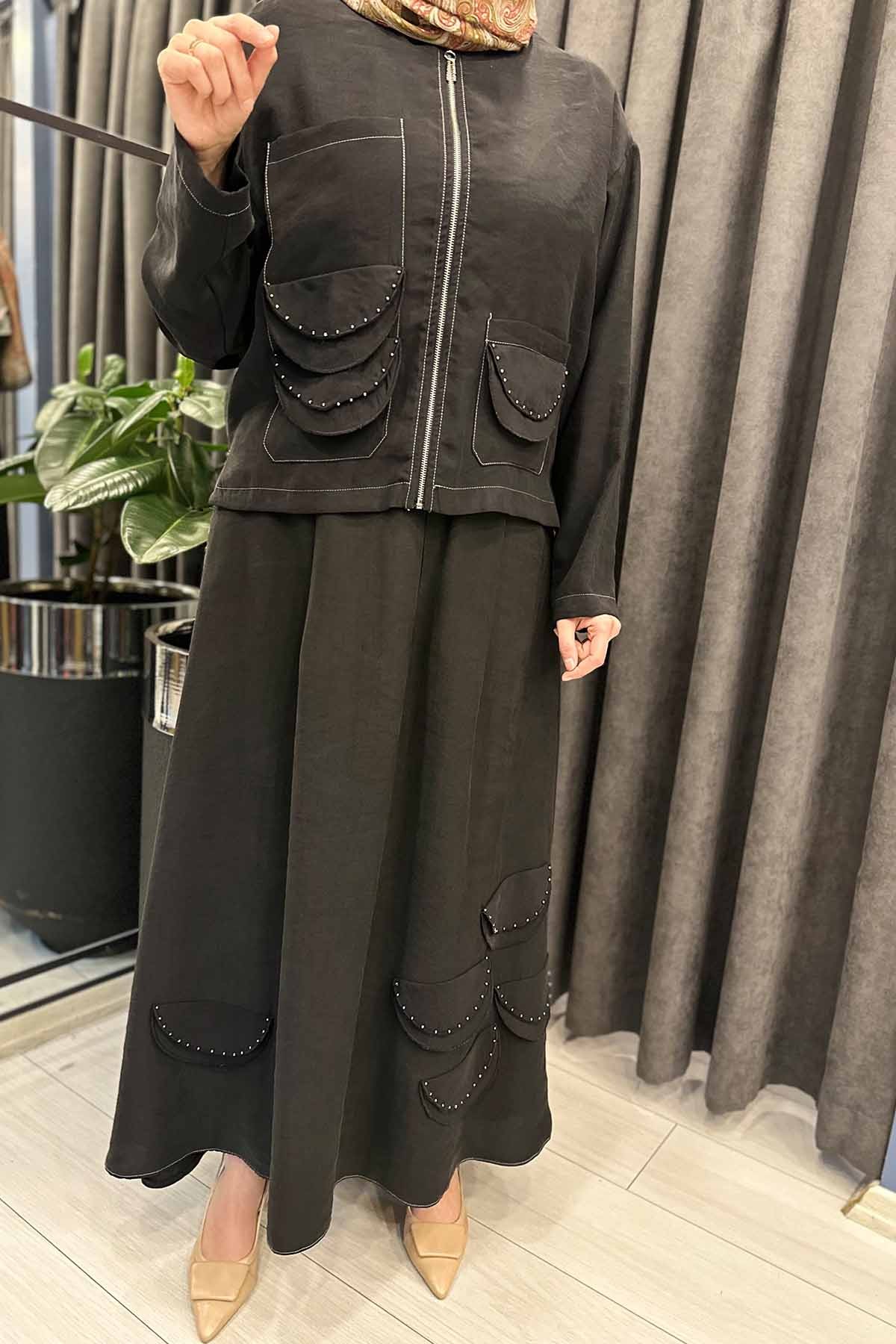 ETEĞİ VE CEKETİ BAKIR KUM BONCUK DETAYLI PASION ETEKLİ TAKIM