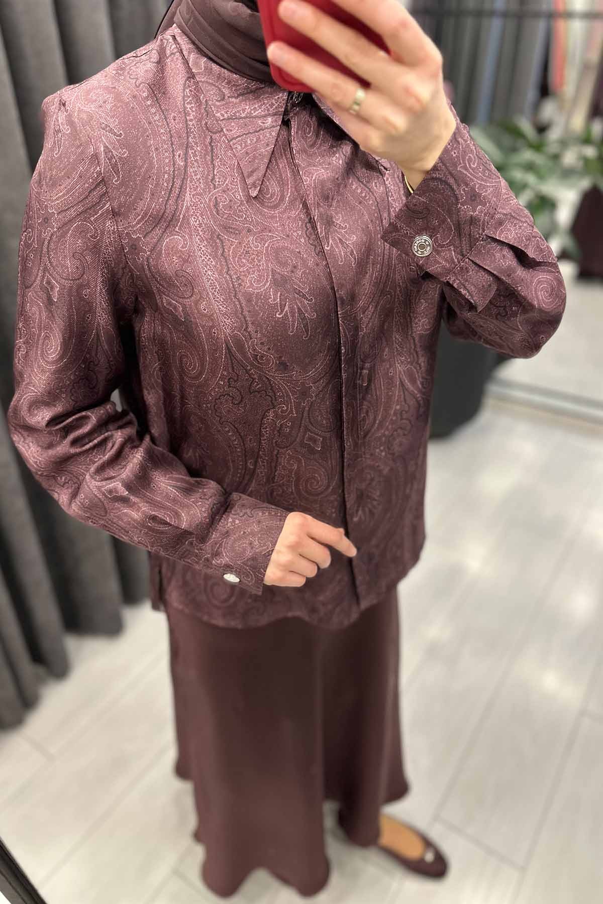 BORDO DESENLİ İPEK GÖMLEK