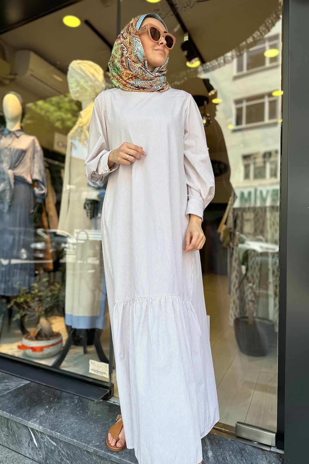 ETEK UCU BÜZGÜLÜ POPLİN ELBİSE