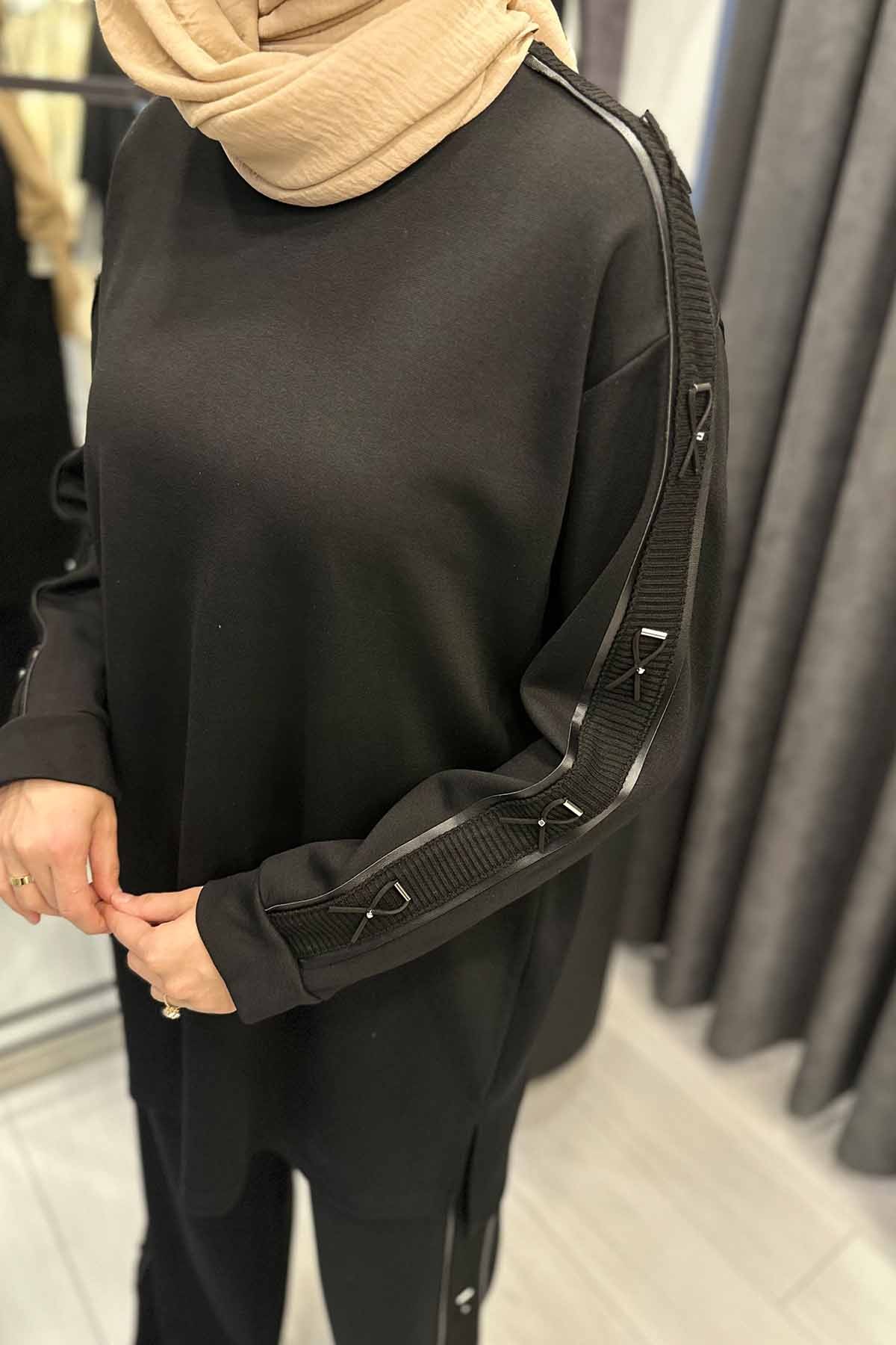 YANLARI DERİ BAĞCIKLI PANTOLONLU ÇELİK TRİKO TAKIM