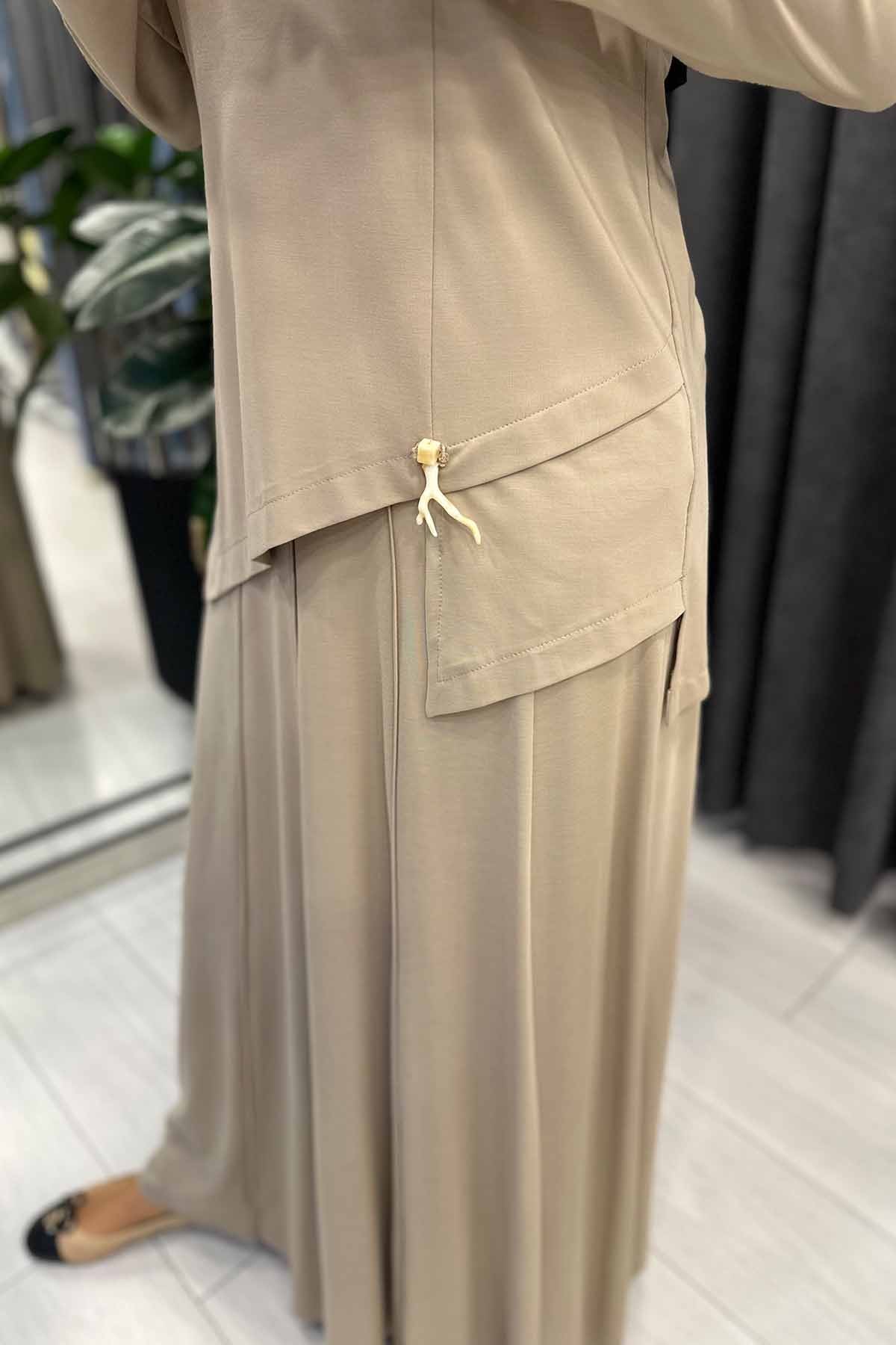 BLUZU TAŞ İŞLEMELİ ETEĞİ BİYELİ BAMBU ETEKLİ TAKIM