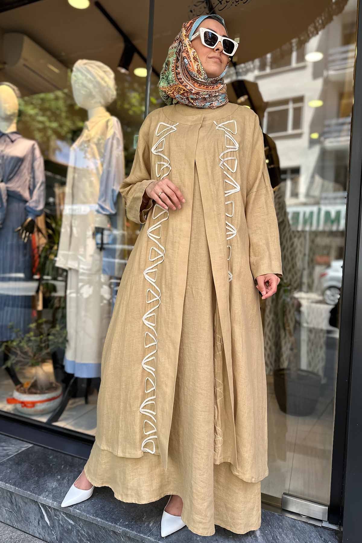 NAKIŞ DETAYLI KETEN KAFTAN