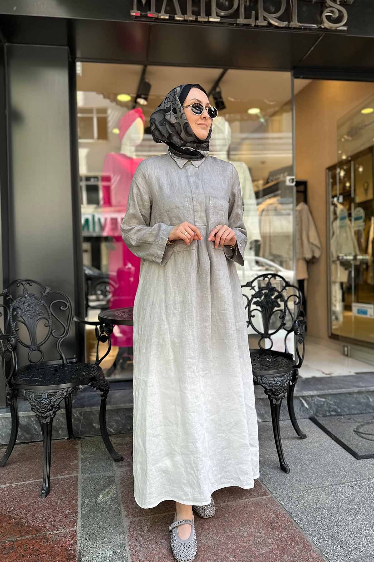 DEGRADELİ GÖMLEK YAKA KETEN ELBİSE