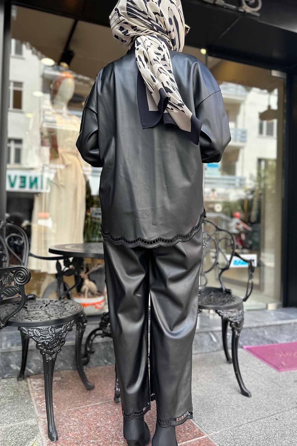 PAÇASI NAKIŞ DETAYLI DERİ PANTOLON