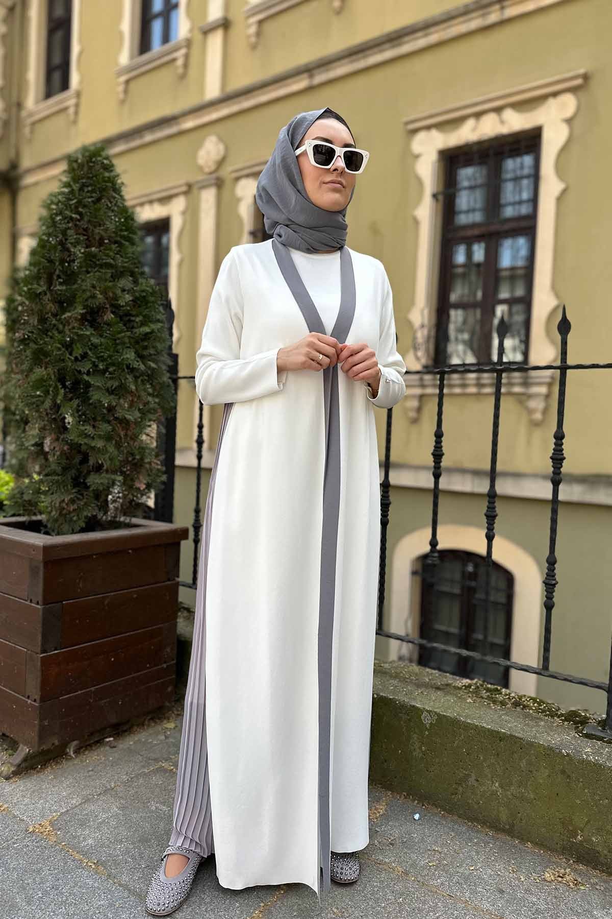 ARKASI ŞİFON PLİSE TRİKO UZUN HIRKA