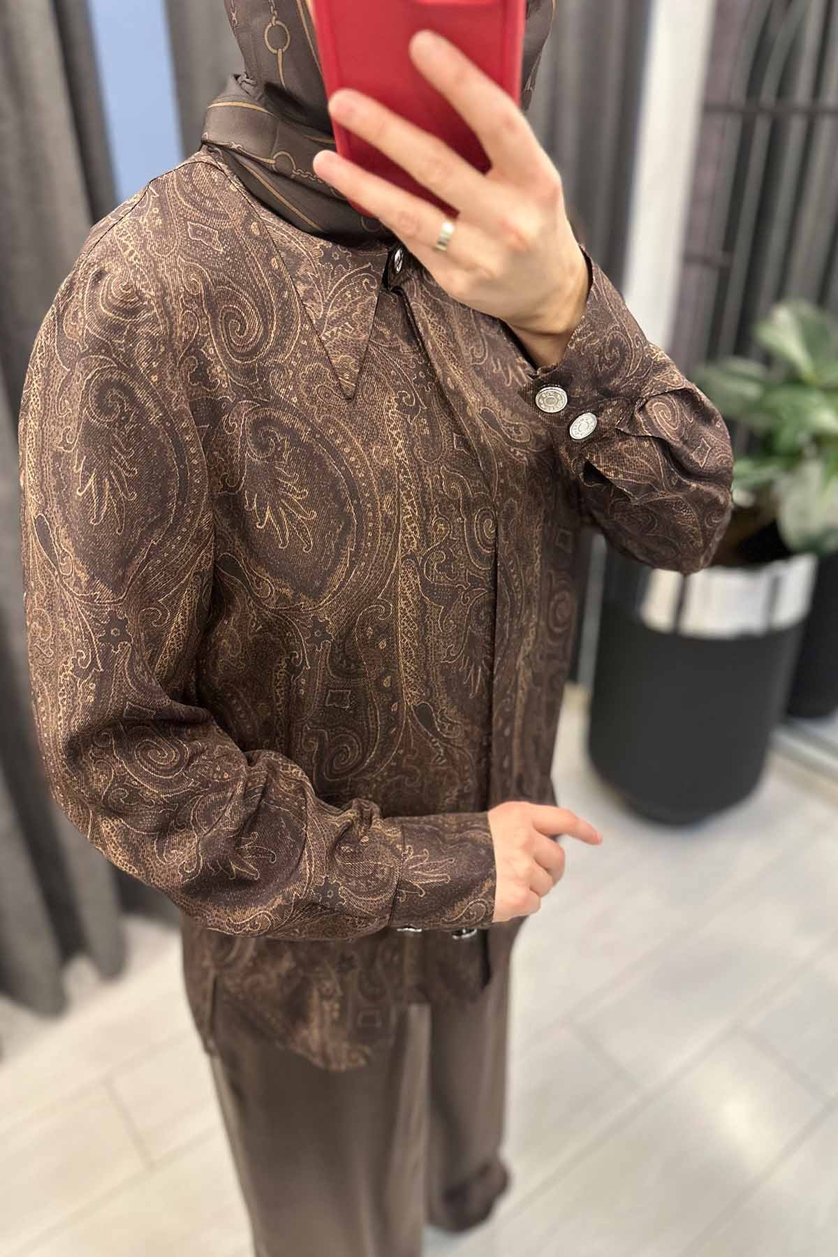 KAHVE DESENLİ İPEK GÖMLEK