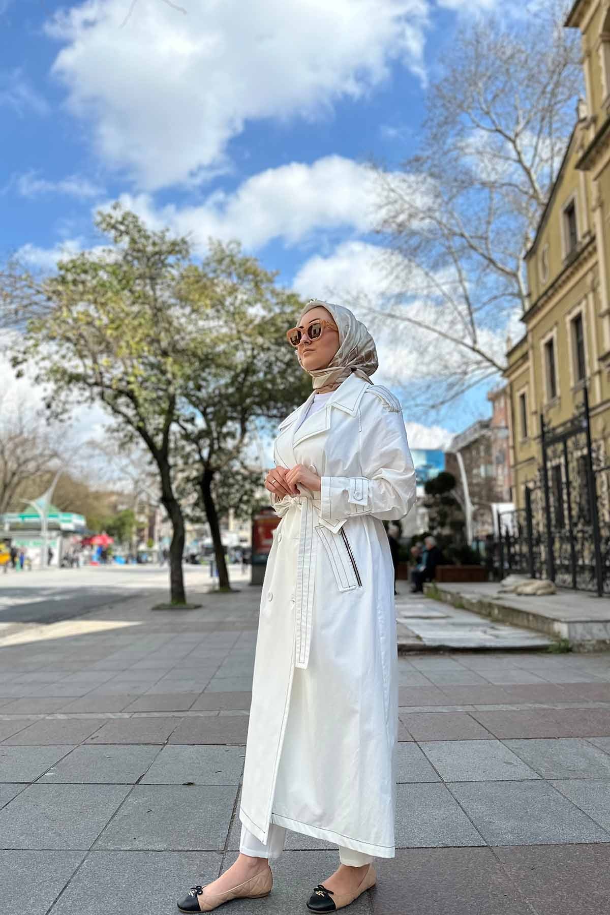 APOLETLİ KONTRAST DİKİŞLİ OVERSIZE ÇİFT DÜĞMELİ TRENÇKOT