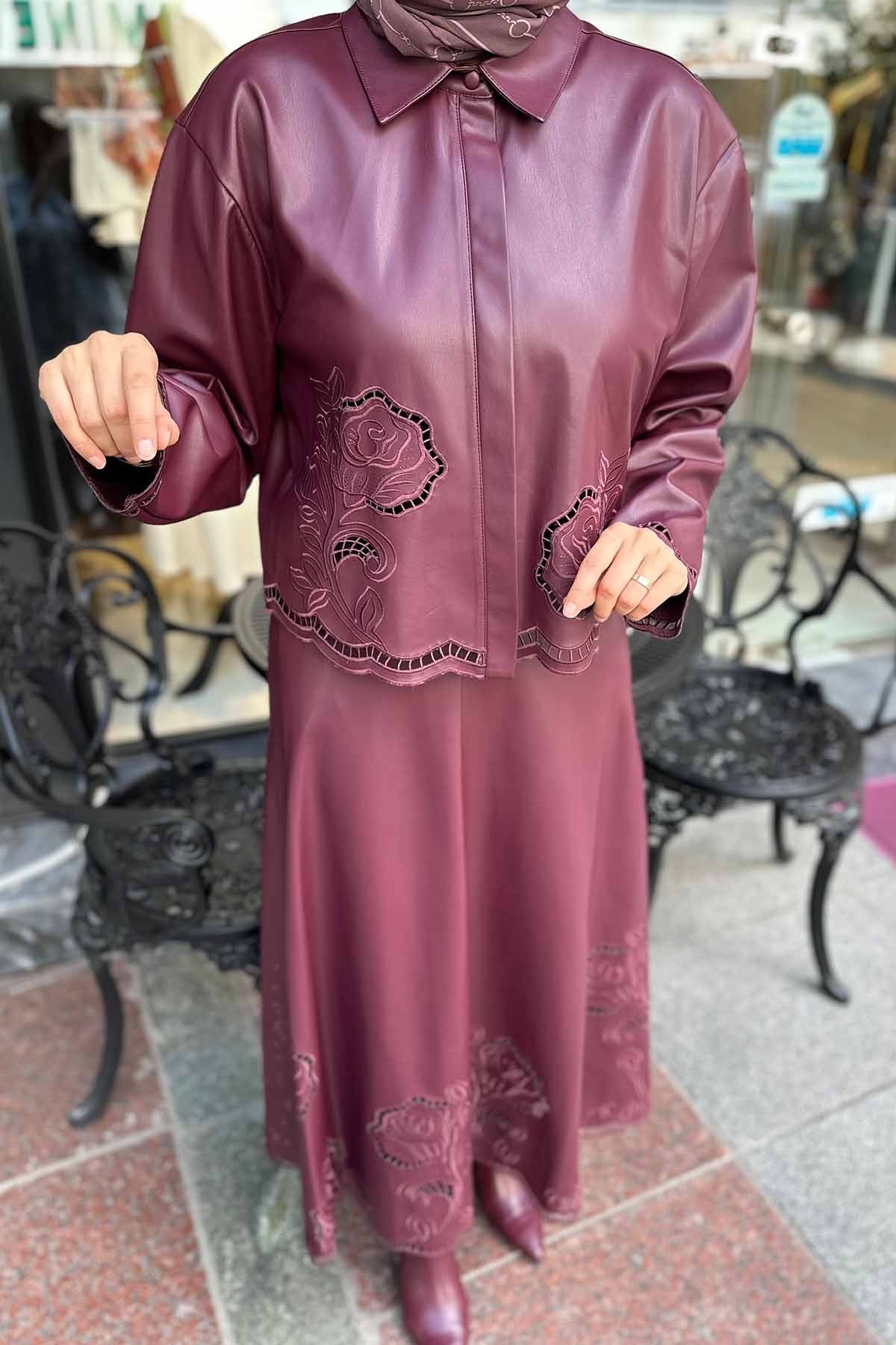 NAKIŞ DETAYLI KISA DERİ GÖMLEK
