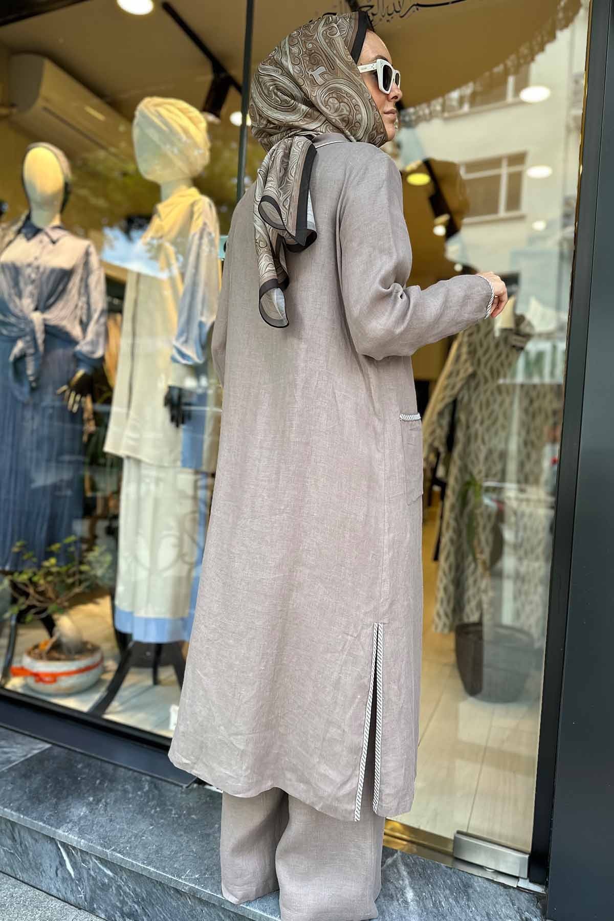 ÇİZGİLİ TRİKO GARNİLİ KETEN CEKET