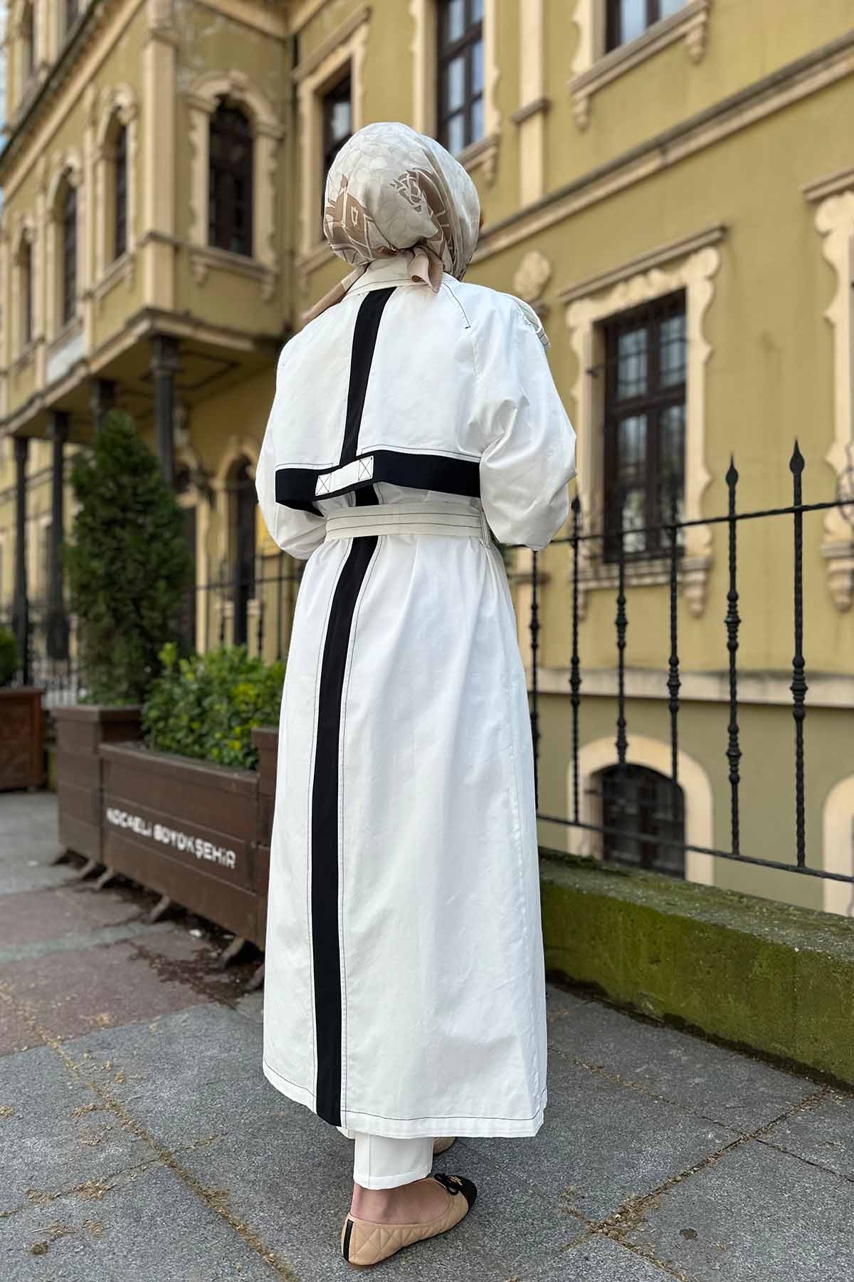 APOLETLİ KONTRAST DİKİŞLİ OVERSIZE ÇİFT DÜĞMELİ TRENÇKOT