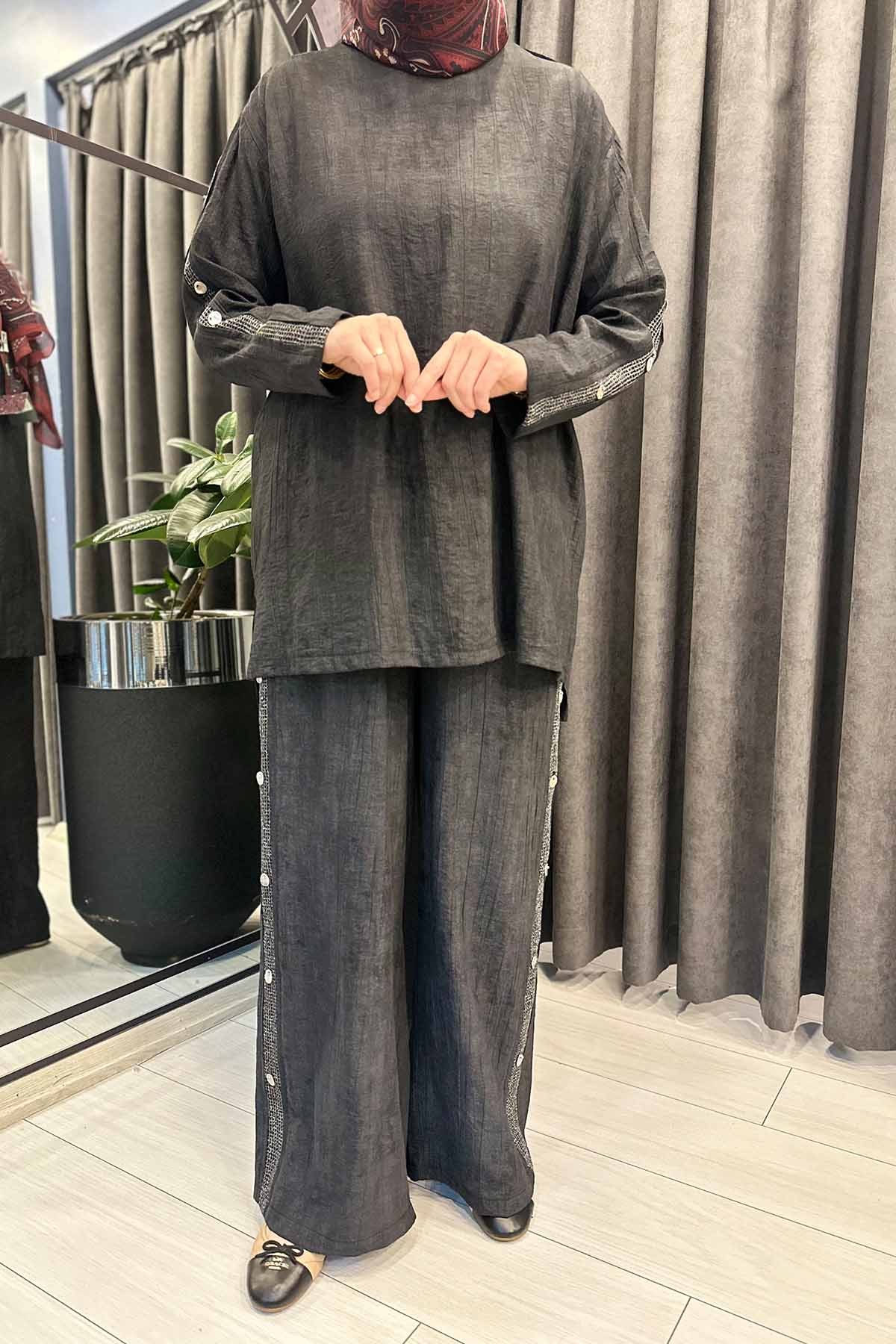 YANLARI FİLE VE DÜĞME DETAYLI TENCEL PANTOLONLU TAKIM