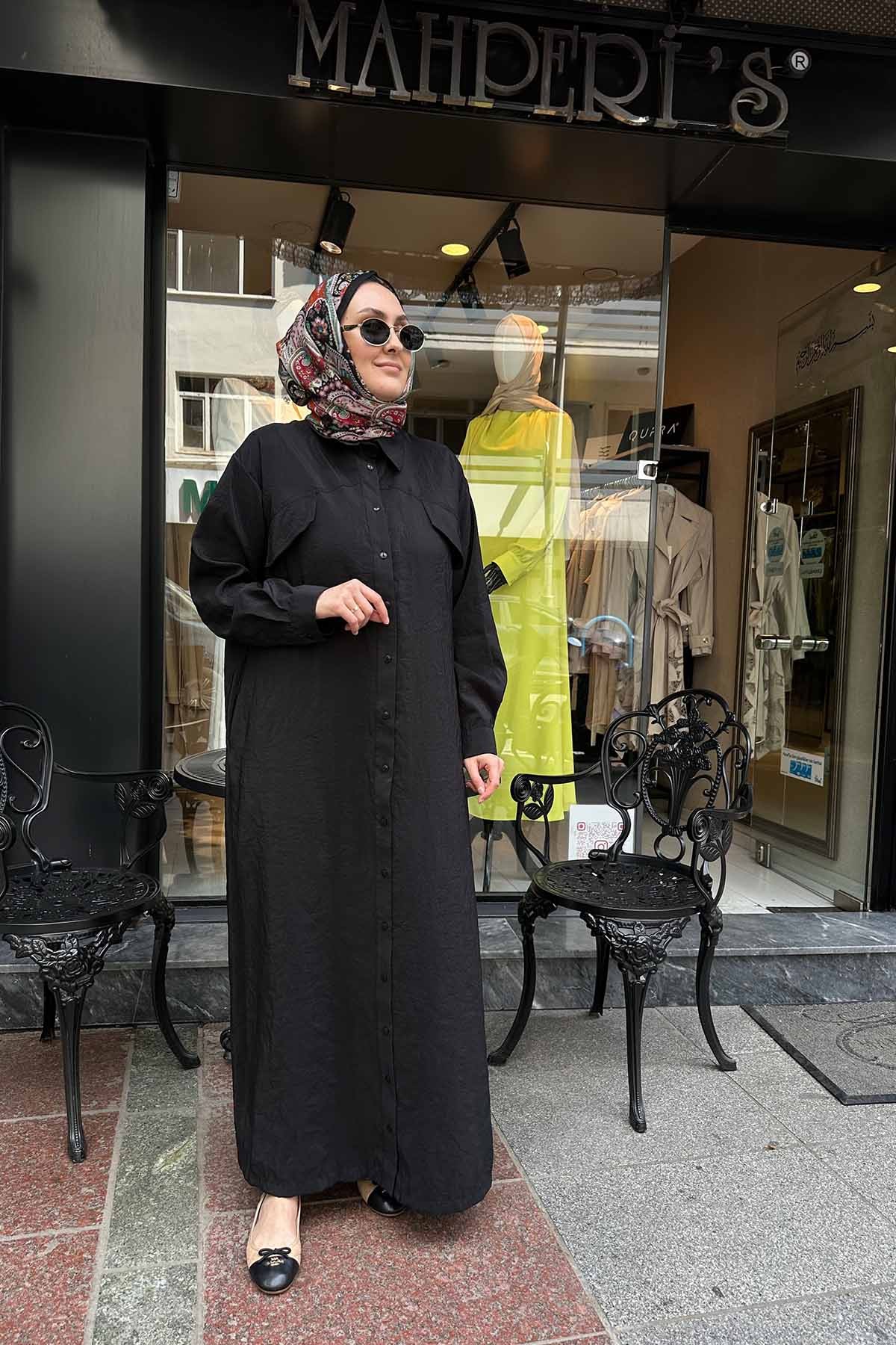 HALKA DETAYLI ÖNÜ DÜĞMELİ KAPAK CEPLİ DUBAİ GÖMLEK ELBİSE