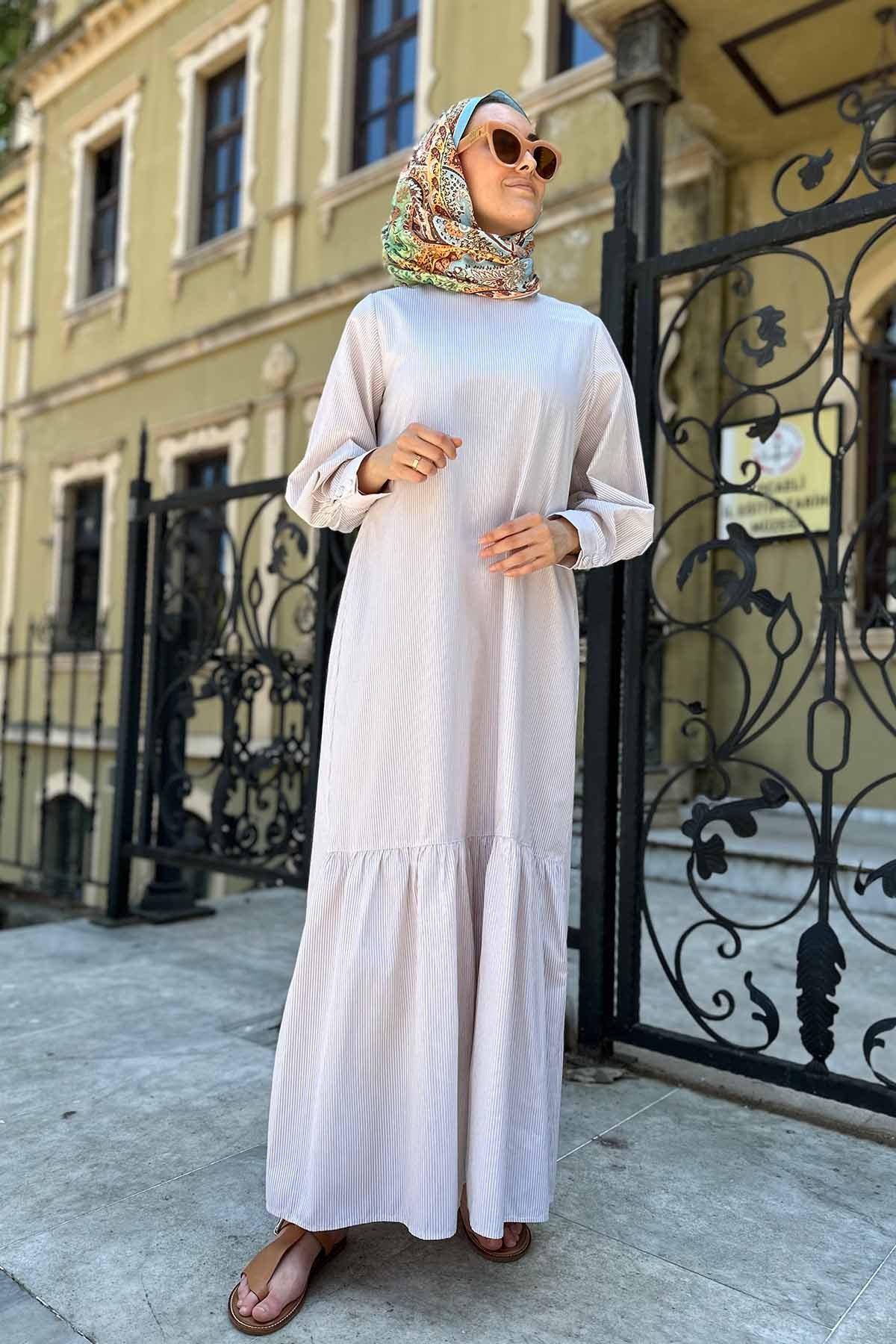 ETEK UCU BÜZGÜLÜ POPLİN ELBİSE