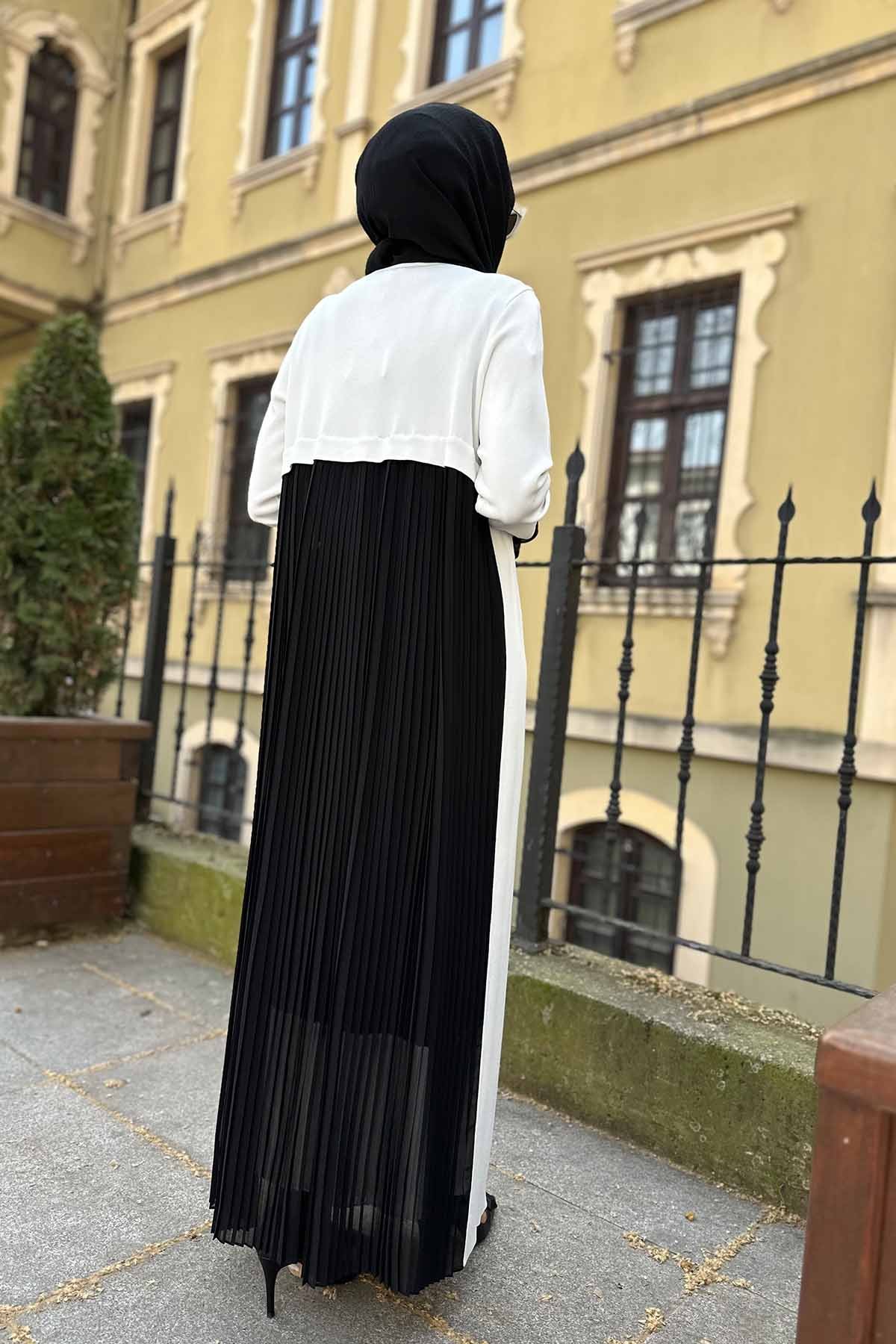 ARKASI ŞİFON PLİSE TRİKO UZUN HIRKA