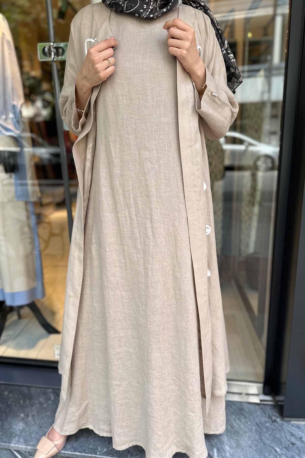 NAKIŞ DETAYLI KETEN KAFTAN