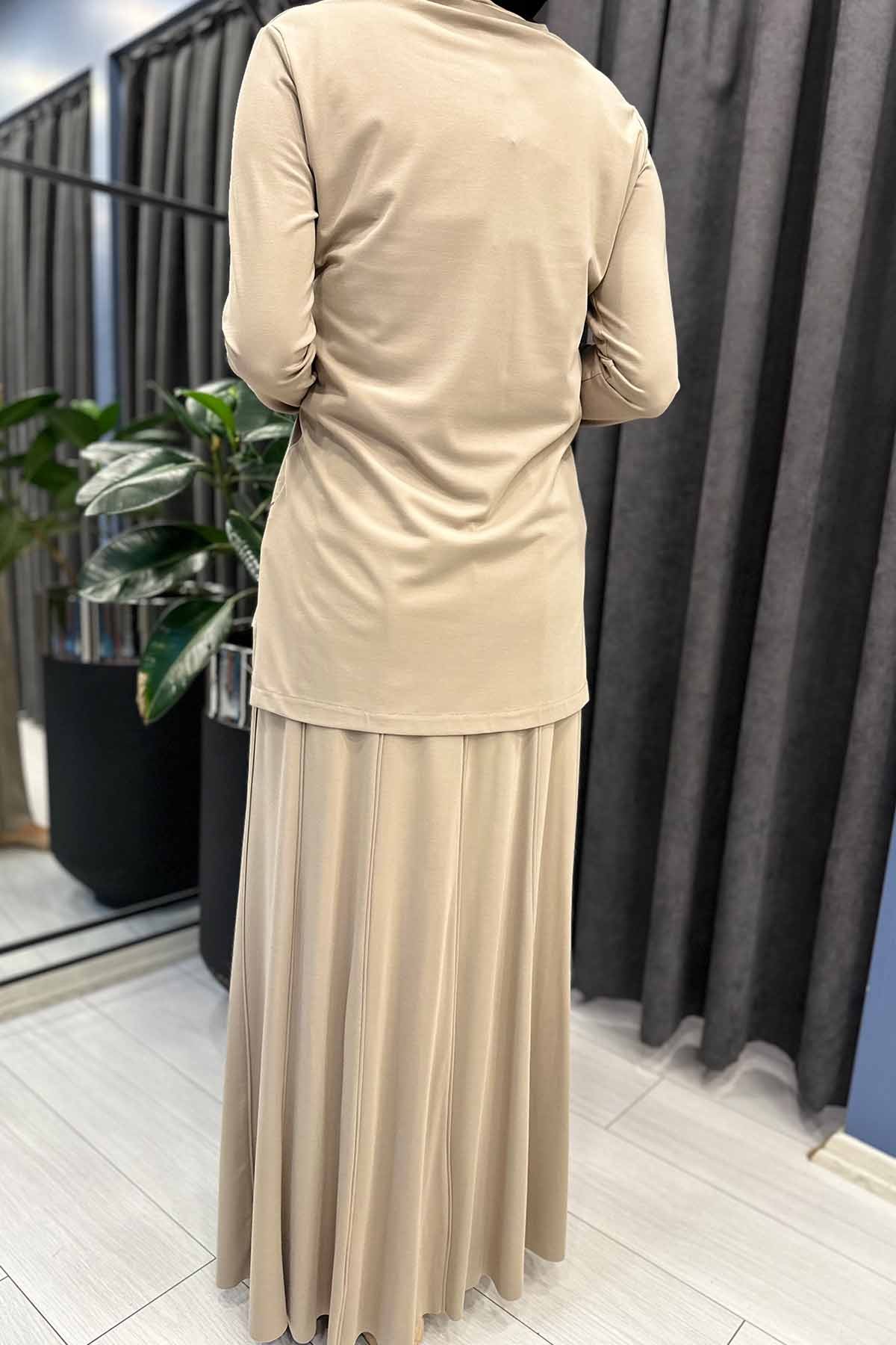 BLUZU TAŞ İŞLEMELİ ETEĞİ BİYELİ BAMBU ETEKLİ TAKIM