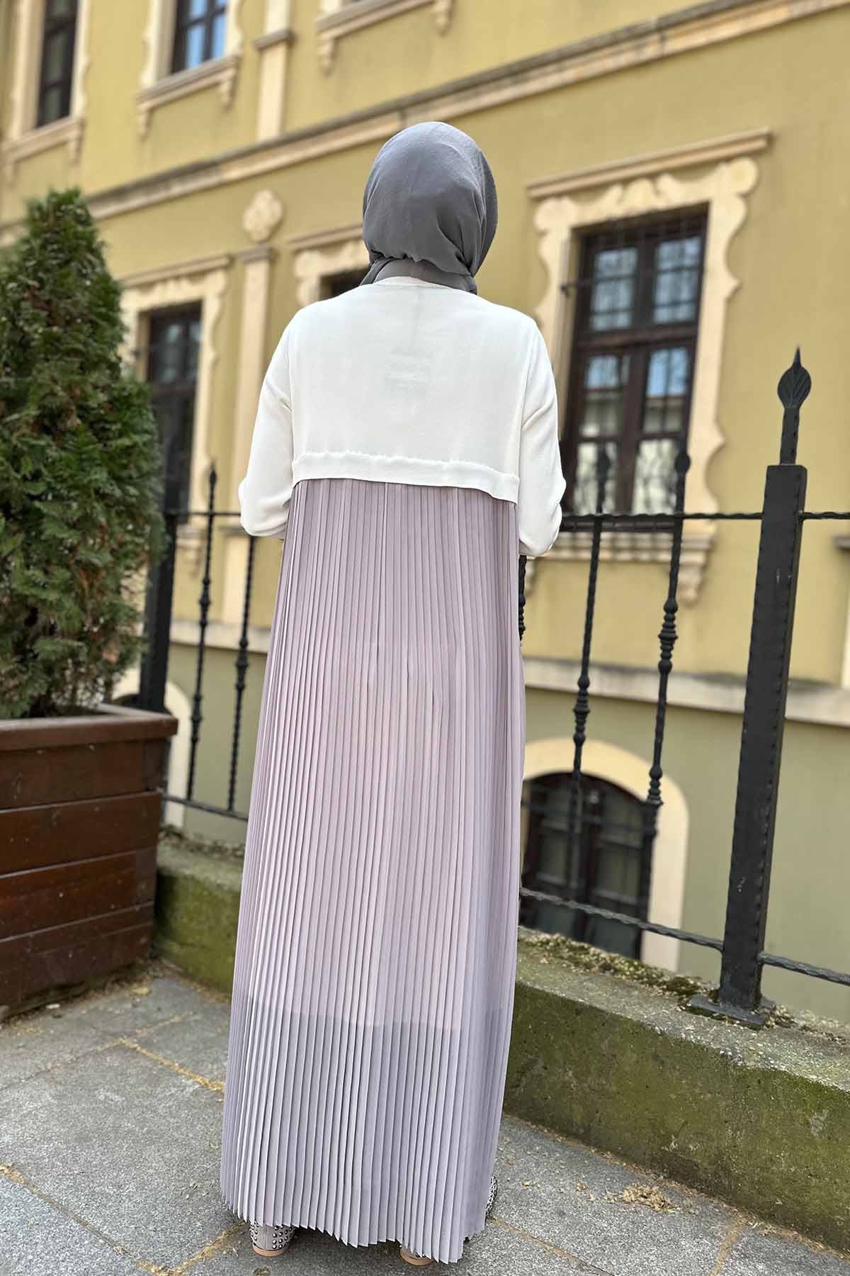 ARKASI ŞİFON PLİSE TRİKO UZUN HIRKA