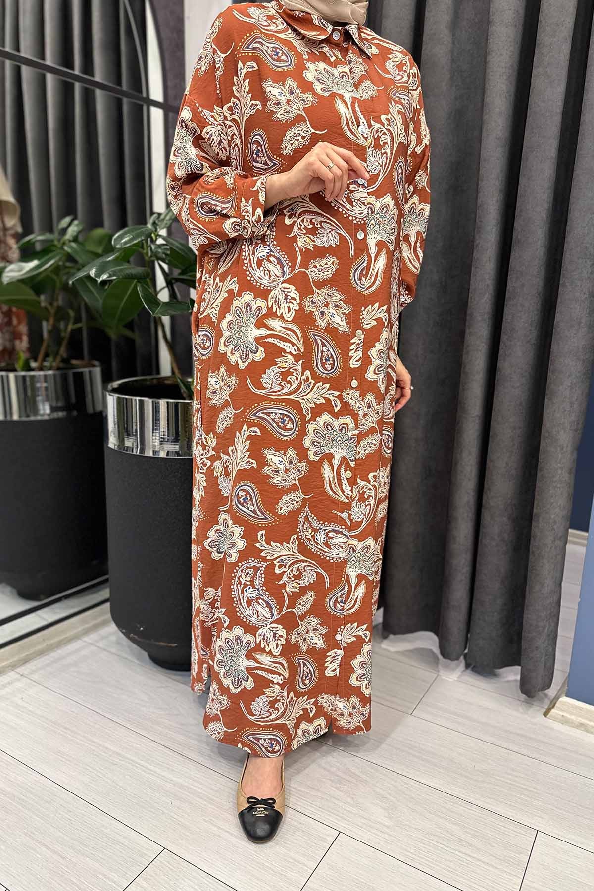 ÖNDEN SEDEF DÜĞMELİ ŞAL DESEN GÖMLEK ELBİSE