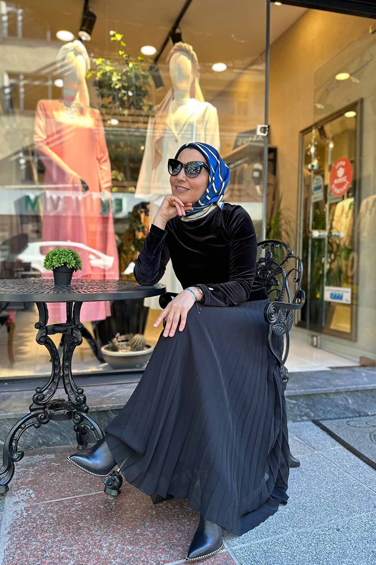 KADİFE ŞİFON PİLELİ ELBİSE