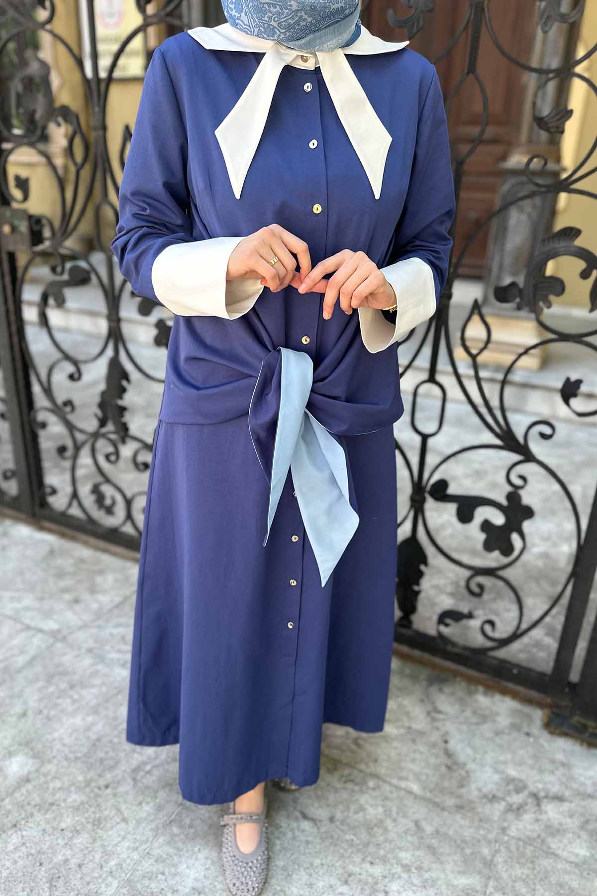 POPLİN ÖNDEN BAĞLAMALI ELBİSE