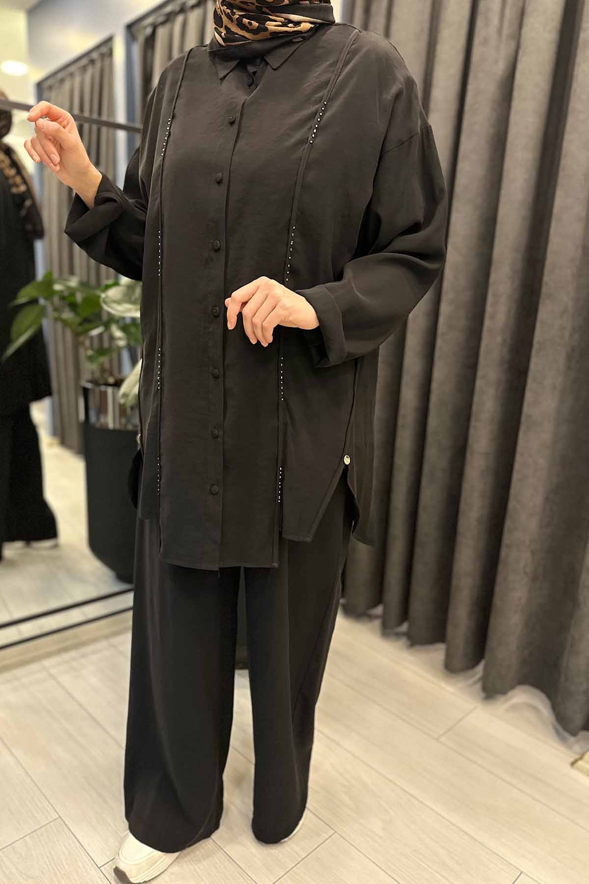 İKİ YANI YIRTMAÇLI ÖN KUPLARI APARA DETAYLI TUNİK PANTOLONLU VERONA TAKIM