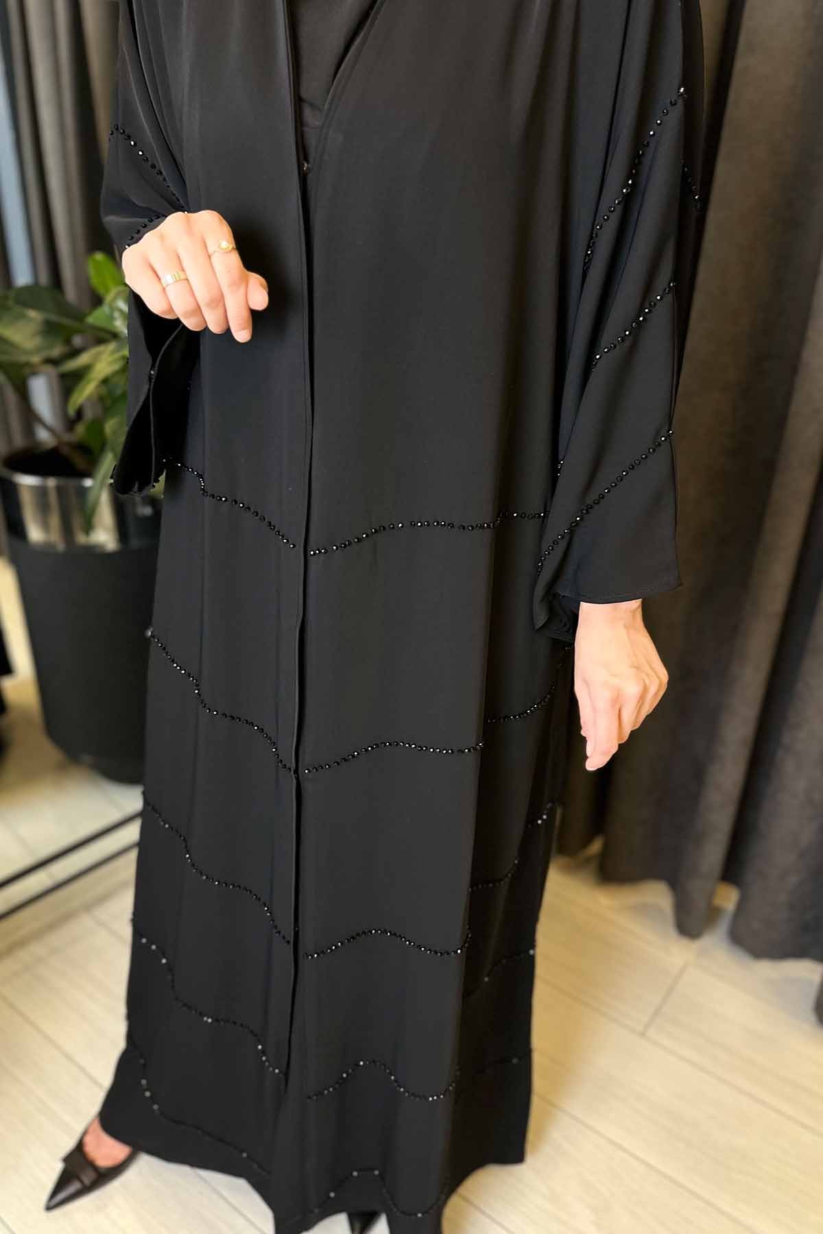 ALVA NOİR LUXE İNCE BONCUK DETAYLI ABAYA
