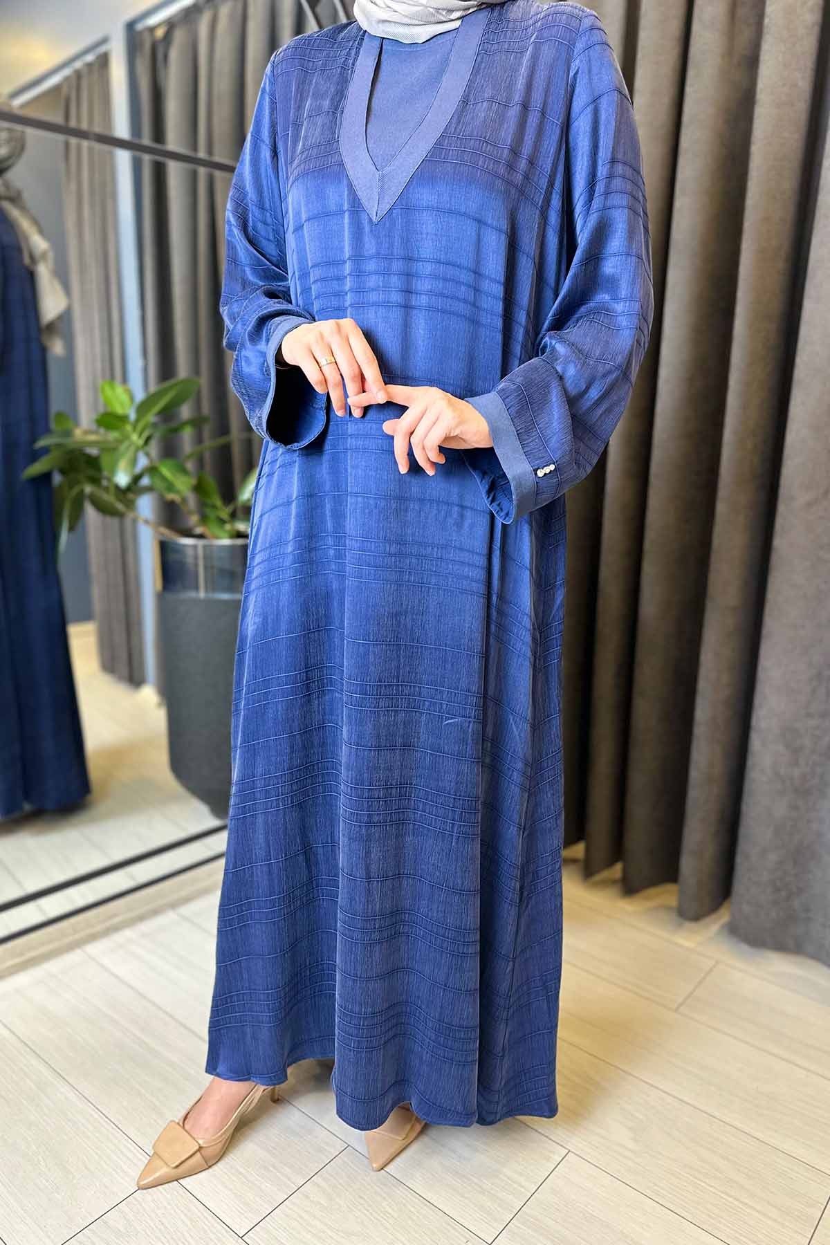 V YAKA JAKARLI CUPRA ELBİSE - NAVY BLUE