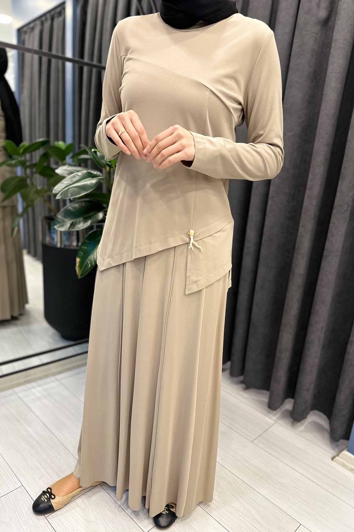 BLUZU TAŞ İŞLEMELİ ETEĞİ BİYELİ BAMBU ETEKLİ TAKIM