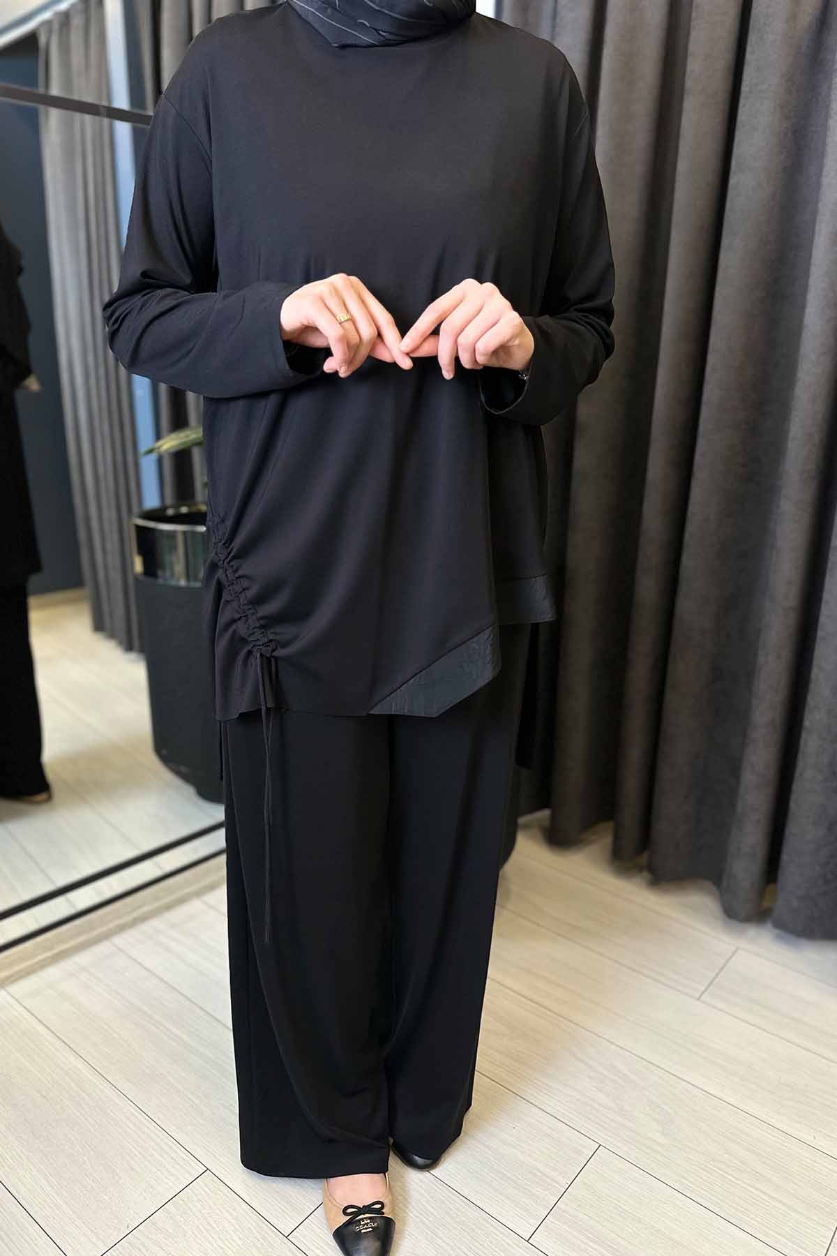 TUNİĞİ BÜZGÜ İP VE DUBAI DETAY BOL PAÇA PANTOLON TAKIM