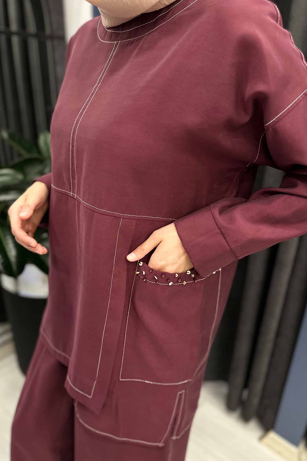 TEK CEPLİ TAŞ İŞLEMELİ PANTOLONLU TENCEL TAKIM