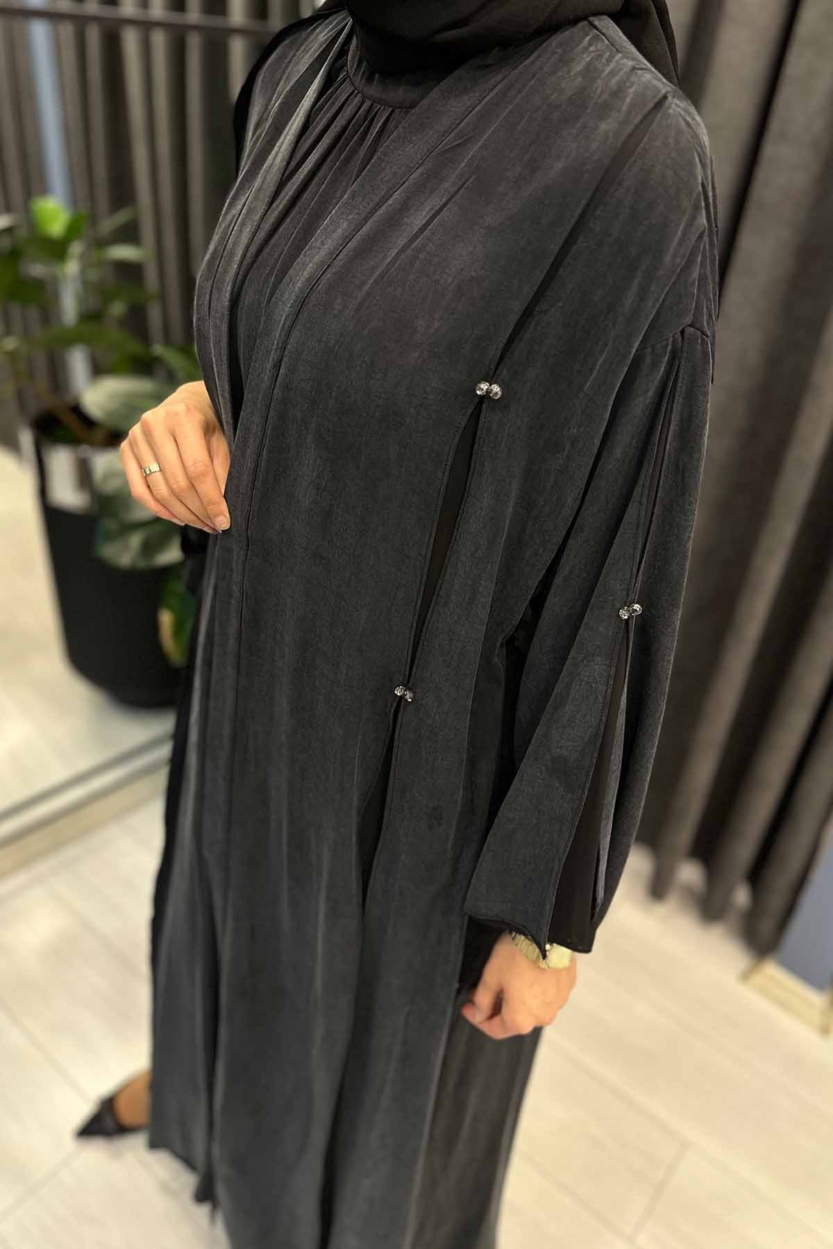 İÇİ ŞİFON GARNİLİ TAŞ İŞLEMELİ İPEK CUPRA KAFTAN