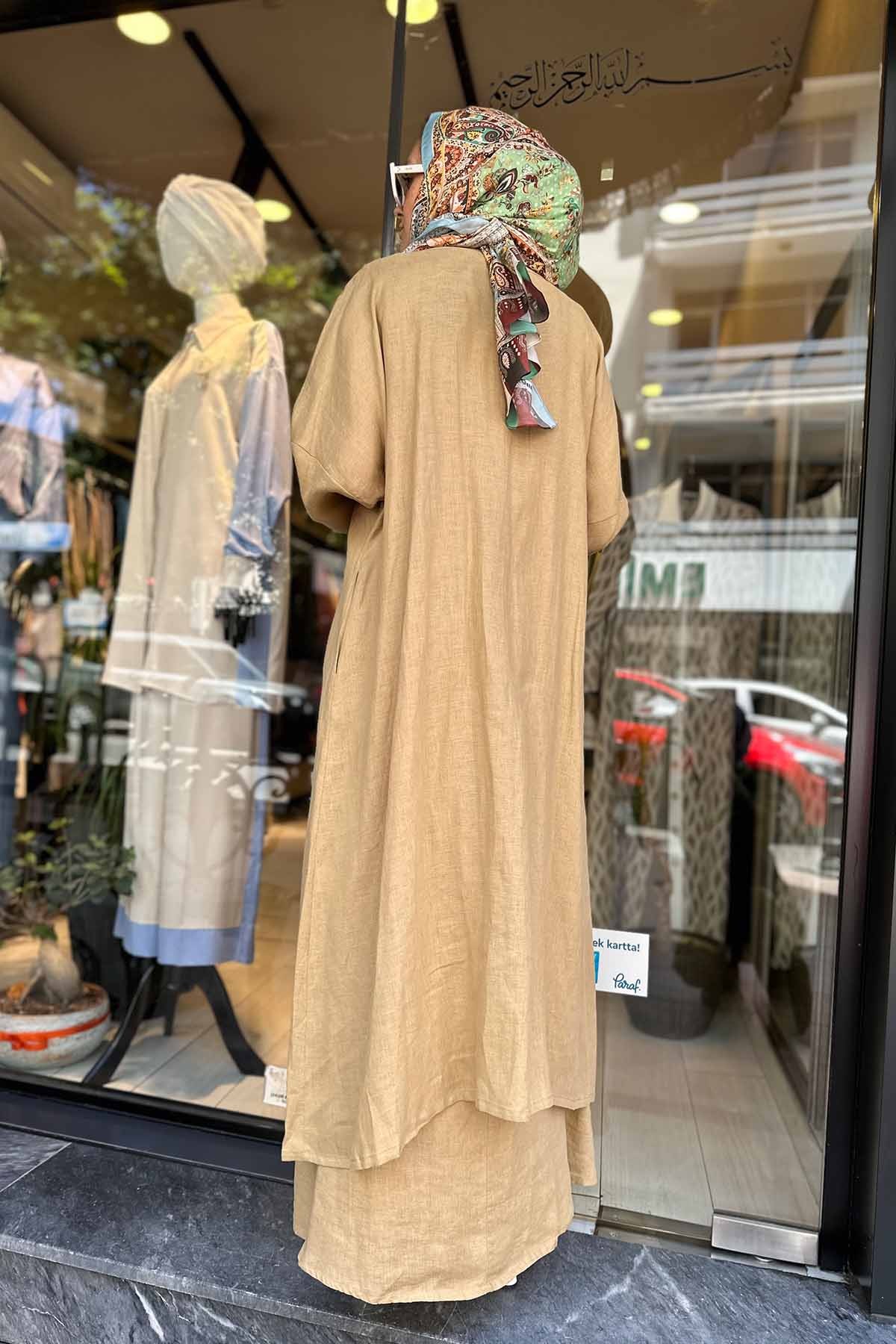 NAKIŞ DETAYLI KETEN KAFTAN